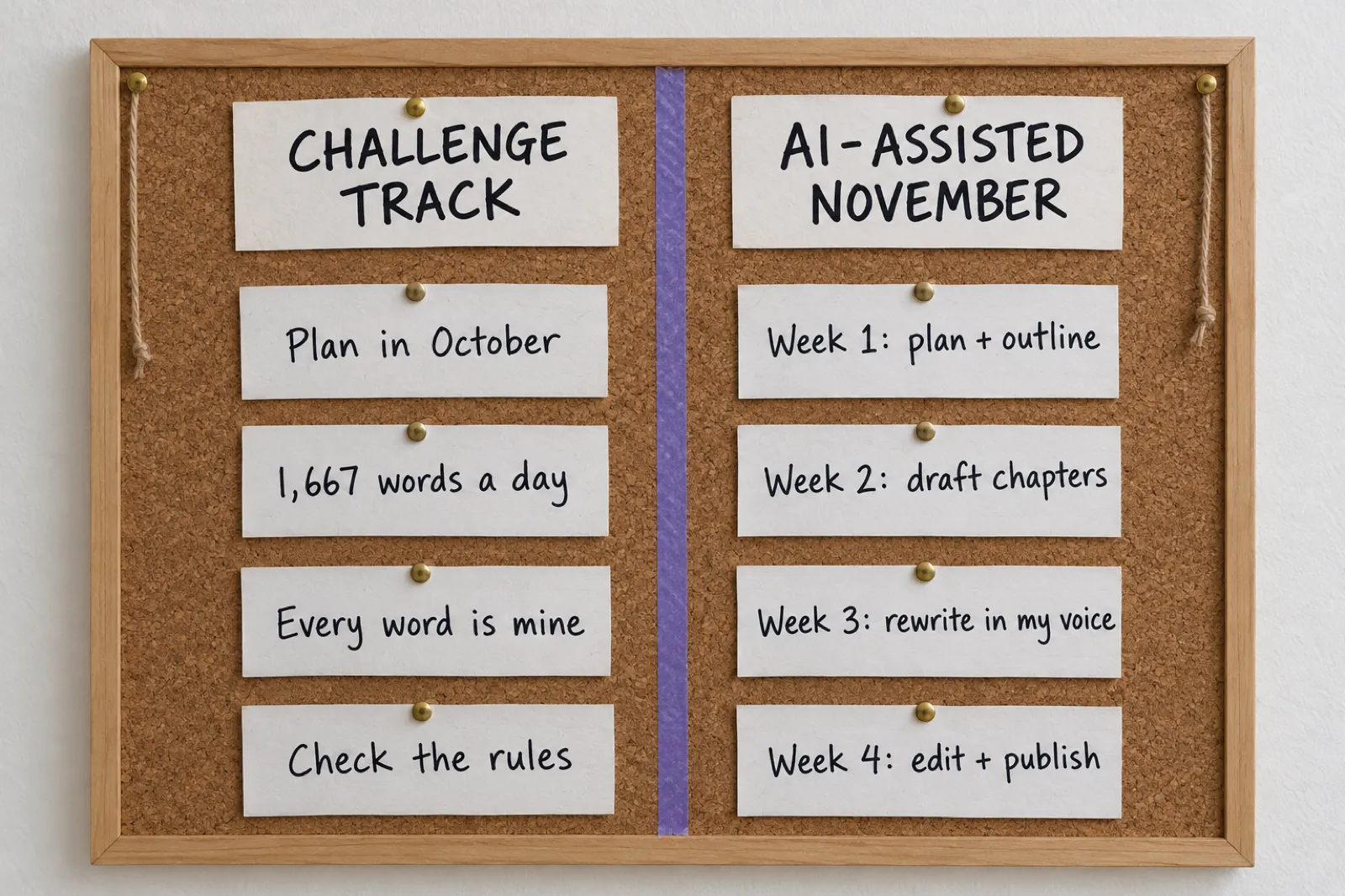 A cork noticeboard split by violet tape. The left column, Challenge track, has index cards reading Plan in October, 1,667 words a day, Every word is mine and Check the rules. The right column, AI-assisted November, has Week 1: plan + outline, Week 2: draft chapters, Week 3: rewrite in my voice and Week 4: edit + publish