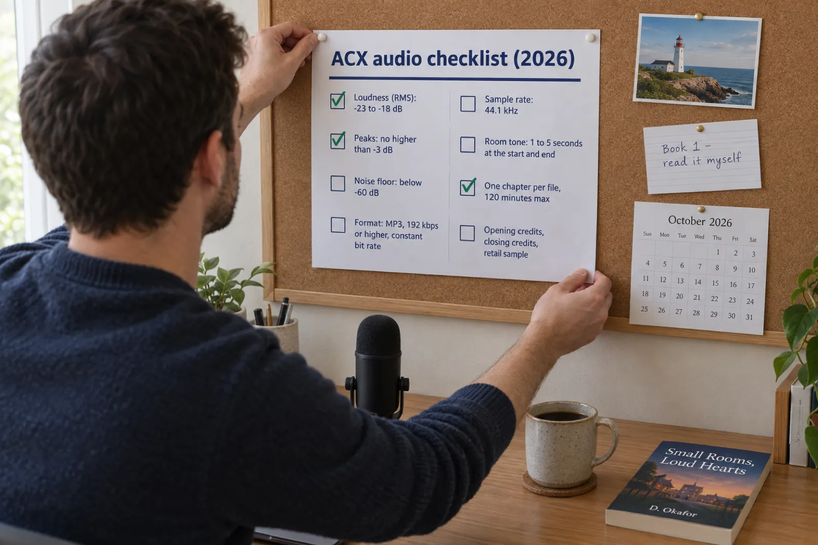 A man pins a printed poster titled ACX audio checklist (2026) to a cork board above his desk. Rows with tick boxes read Loudness (RMS): -23 to -18 dB, Peaks: no higher than -3 dB, Noise floor: below -60 dB, Format: MP3, 192 kbps or higher, constant bit rate, Sample rate: 44.1 kHz, Room tone: 1 to 5 seconds at the start and end, One chapter per file, 120 minutes max, and Opening credits, closing credits, retail sample. Three boxes are ticked in green. An index card beside it reads Book 1 - read it myself.