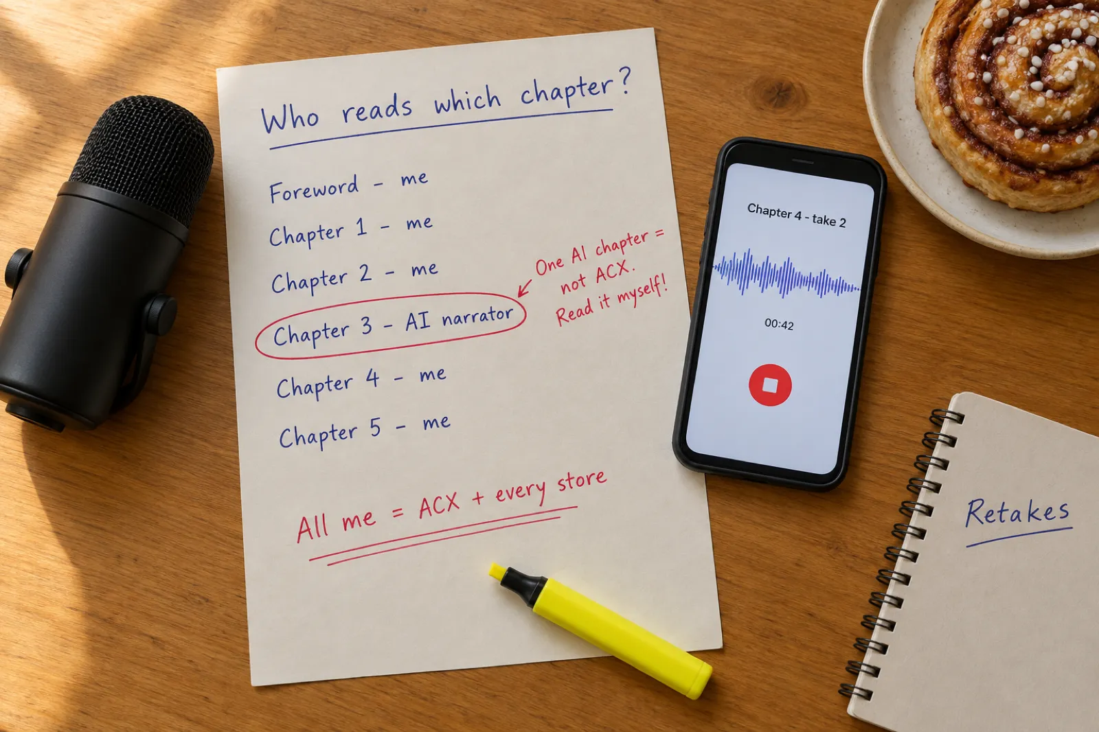 A printed chapter list titled Who reads which chapter? lists Foreword - me, Chapter 1 - me, Chapter 2 - me, Chapter 3 - AI narrator, Chapter 4 - me and Chapter 5 - me. The Chapter 3 line is circled in red pen with a margin note reading One AI chapter = not ACX. Read it myself! and a note at the bottom reading All me = ACX + every store. A highlighter, a USB microphone and a notebook labelled Retakes lie beside it.
