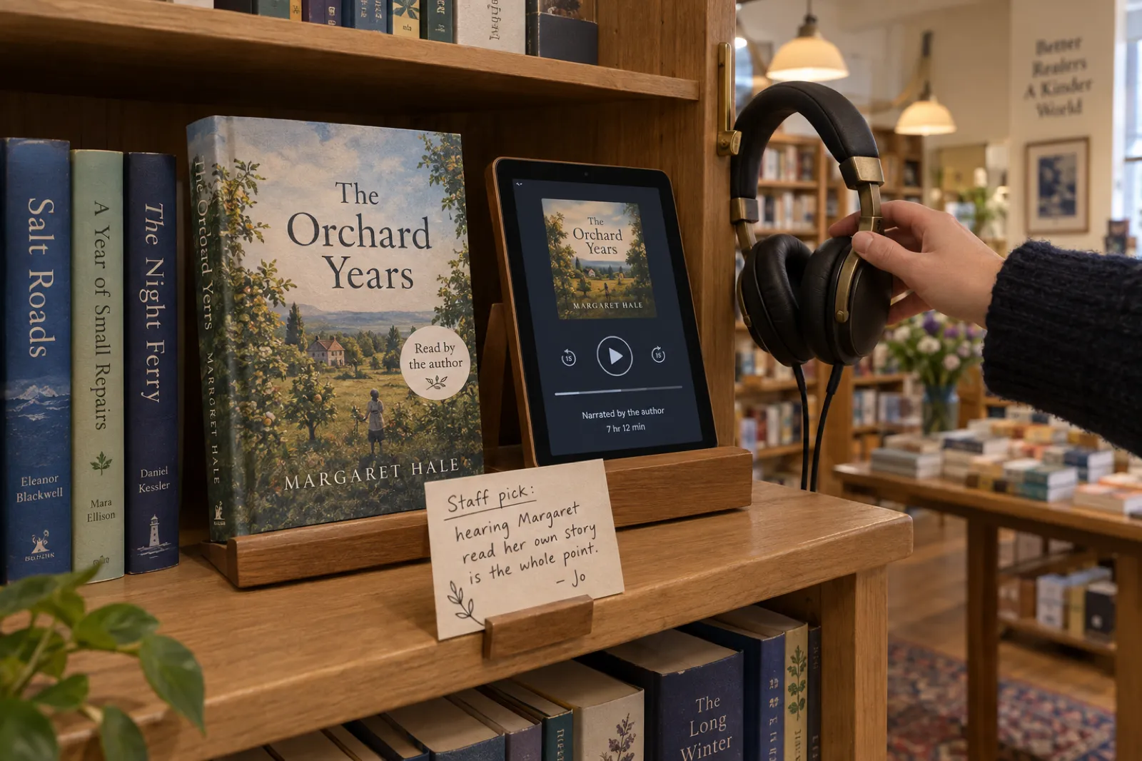 A listening station on a bookshop shelf end: padded headphones hang on a brass hook beside a tablet playing The Orchard Years by Margaret Hale, with the line Narrated by the author, 7 hr 12 min. The hardcover stands in front with a round sticker reading Read by the author, and a handwritten shelf card says Staff pick: hearing Margaret read her own story is the whole point. - Jo.