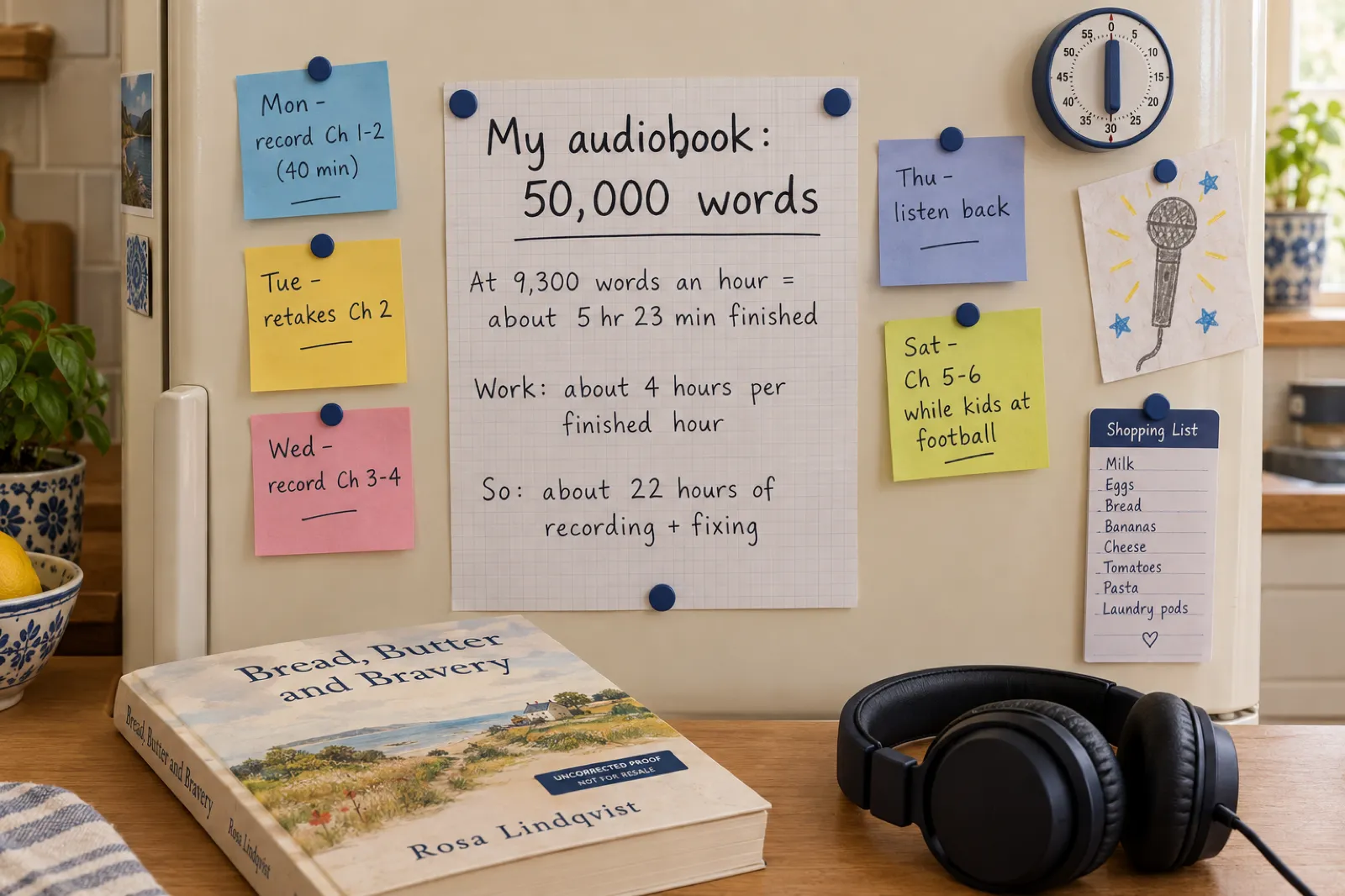 A fridge door covered in a hand-made recording plan headed My audiobook: 50,000 words, with lines reading At 9,300 words an hour = about 5 hr 23 min finished, Work: about 4 hours per finished hour, So: about 22 hours of recording + fixing. Sticky notes plan the week: Mon - record Ch 1-2 (40 min), Tue - retakes Ch 2, Wed - record Ch 3-4, Thu - listen back, Sat - Ch 5-6 while kids at football. A kitchen timer magnet is set to 30 minutes.