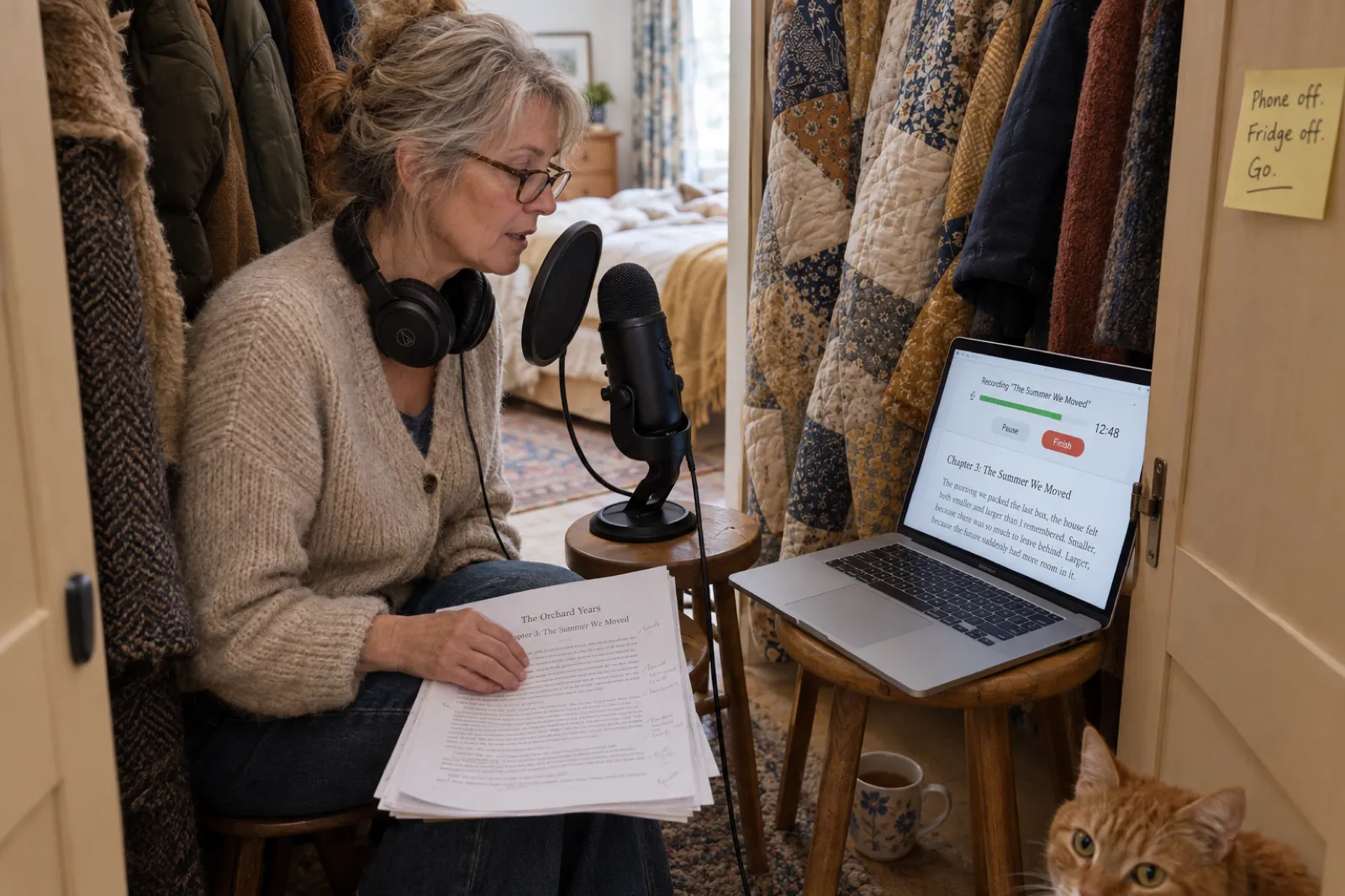 A woman in her late fifties sits on a low stool inside an open wardrobe lined with winter coats and a patchwork duvet, reading glasses on, speaking into a USB microphone with a round pop filter. A printed manuscript of The Orchard Years, Chapter 3: The Summer We Moved, rests under her hand. A laptop on a second stool shows a recording panel reading Recording The Summer We Moved, with a green level bar, a timer at 12:48 and Pause and Finish buttons. A sticky note on the wardrobe door reads Phone off. Fridge off. Go.