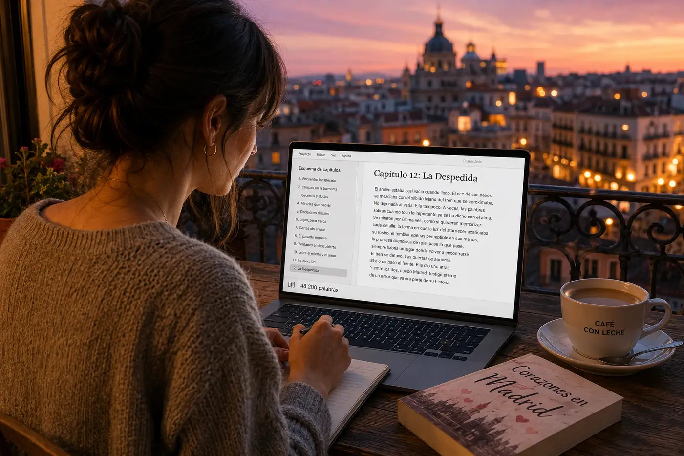 Una escritora trabaja en su novela romántica en un balcón al atardecer; el portátil muestra el capítulo 12, La Despedida, con el esquema de capítulos en español y una novela romántica impresa al lado