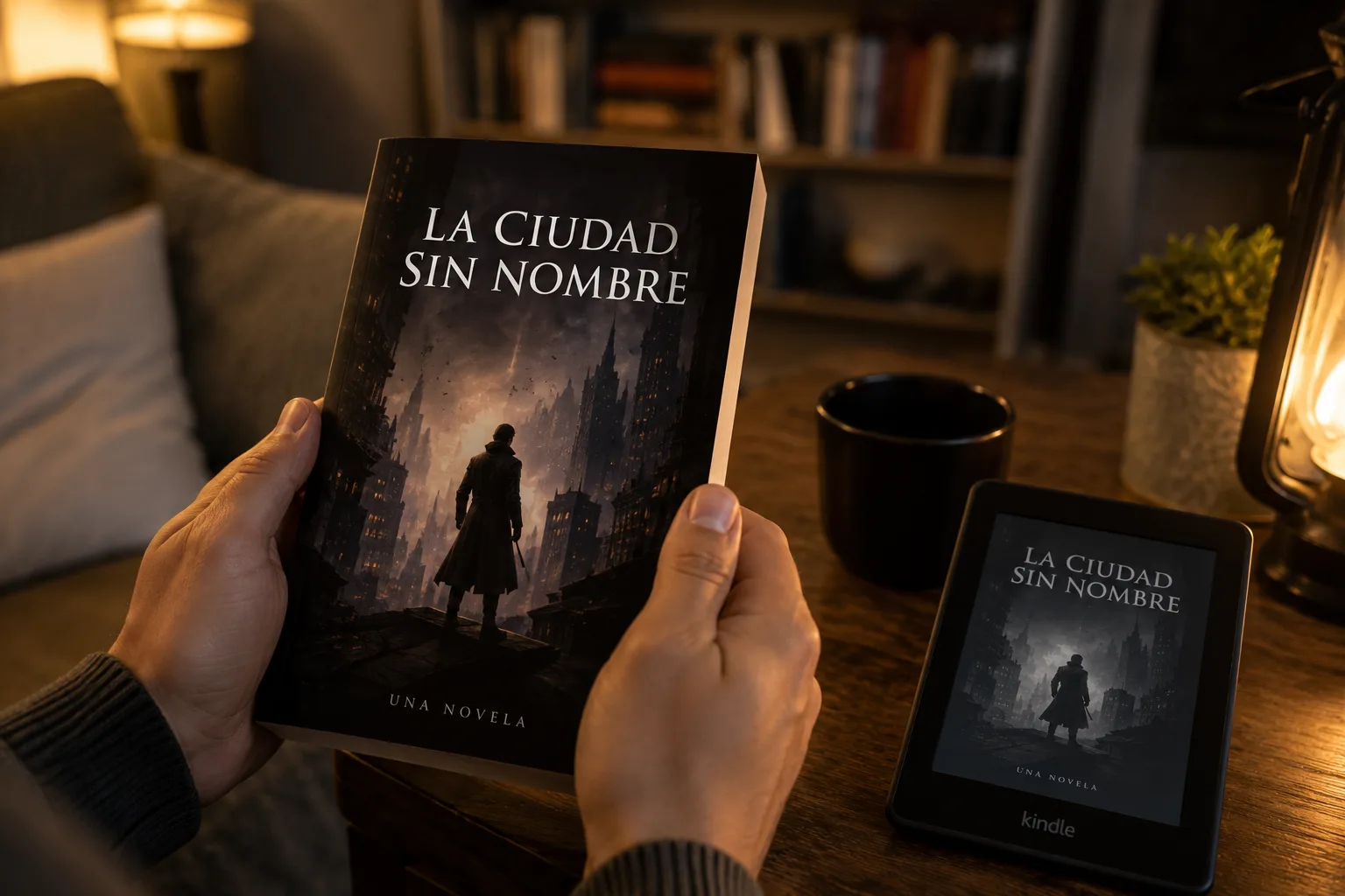 Novela en español terminada en tapa blanda sostenida por un lector, junto a un Kindle sobre la mesa mostrando la misma portada, con una estantería desenfocada al fondo