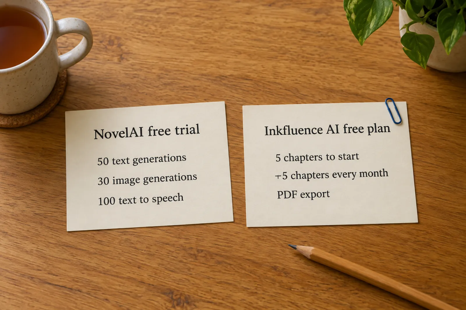 Two cream index cards on an oak desk. NovelAI free trial: 50 text generations, 30 image generations, 100 text to speech. Inkfluence AI free plan: 5 chapters to start, plus 5 chapters every month, PDF export.
