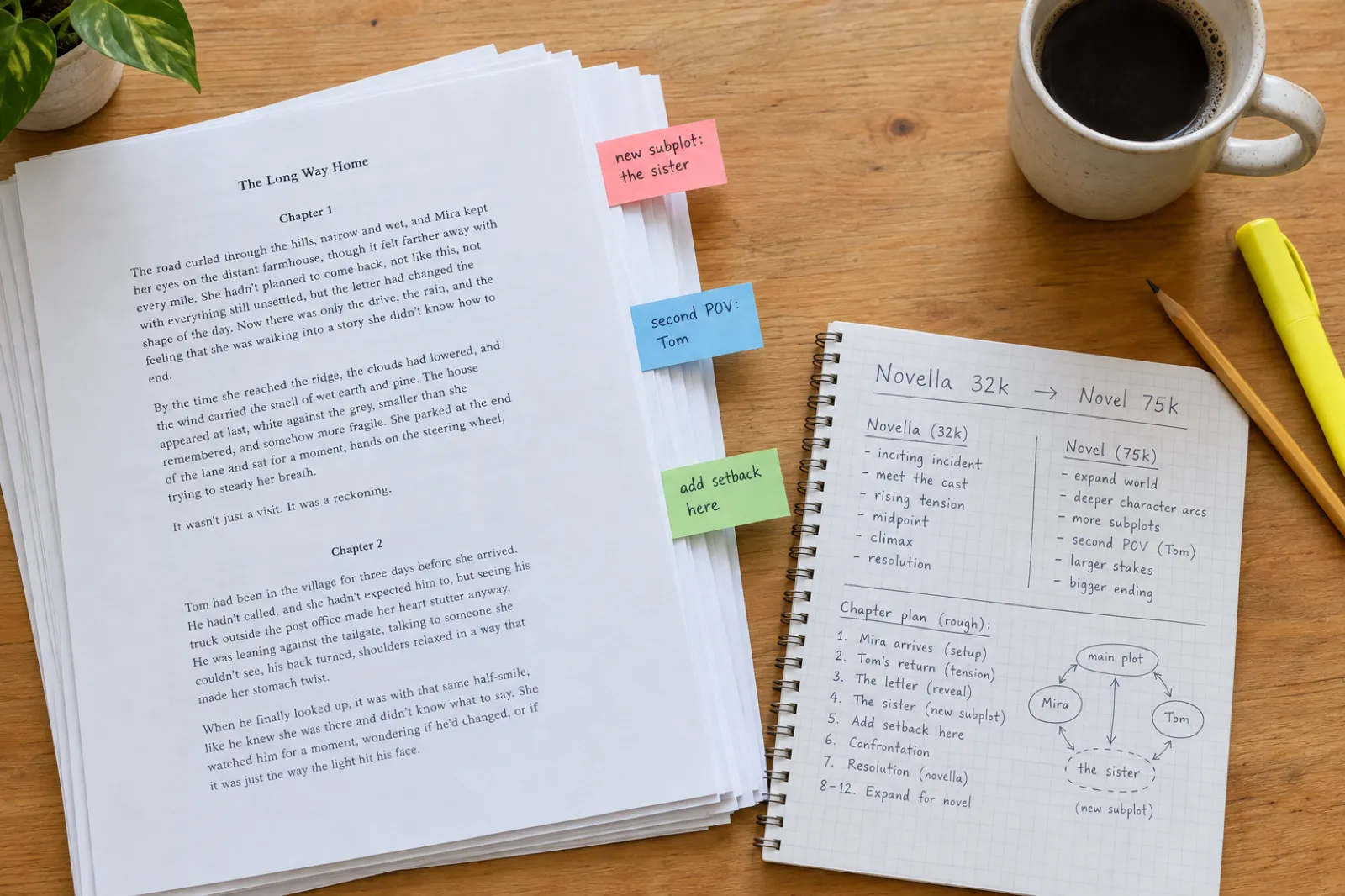 A printed novella manuscript with sticky notes reading 'new subplot: the sister', 'second POV: Tom' and 'add setback here', beside a notebook page planning 'Novella 32k to Novel 75k'
