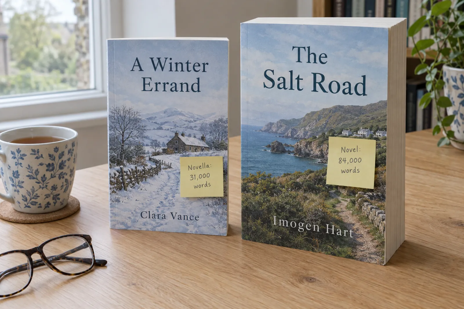 A slim paperback, A Winter Errand by Clara Vance, with a sticky note reading 'Novella: 31,000 words', beside a much thicker paperback, The Salt Road by Imogen Hart, with a note reading 'Novel: 84,000 words', on an oak table