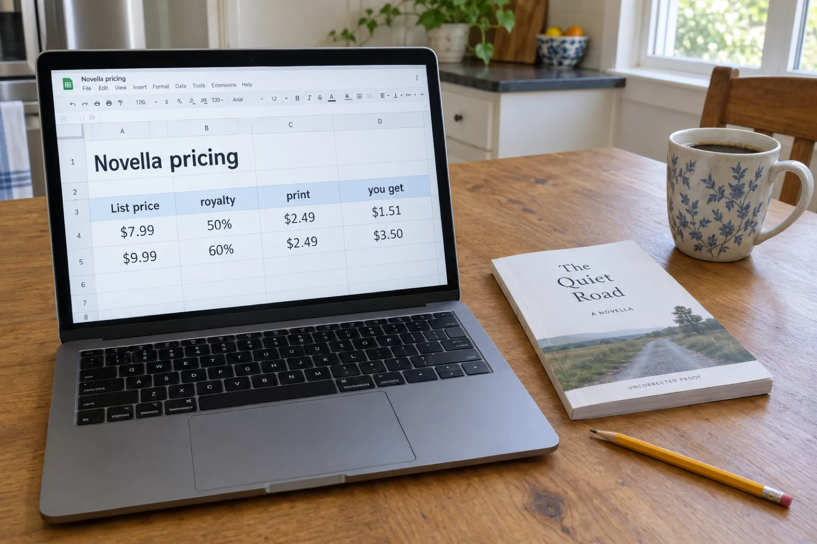 A laptop showing a spreadsheet titled Novella pricing: at $7.99, 50% royalty, $2.49 print, you get $1.51; at $9.99, 60% royalty, $2.49 print, you get $3.50; a slim paperback proof beside it