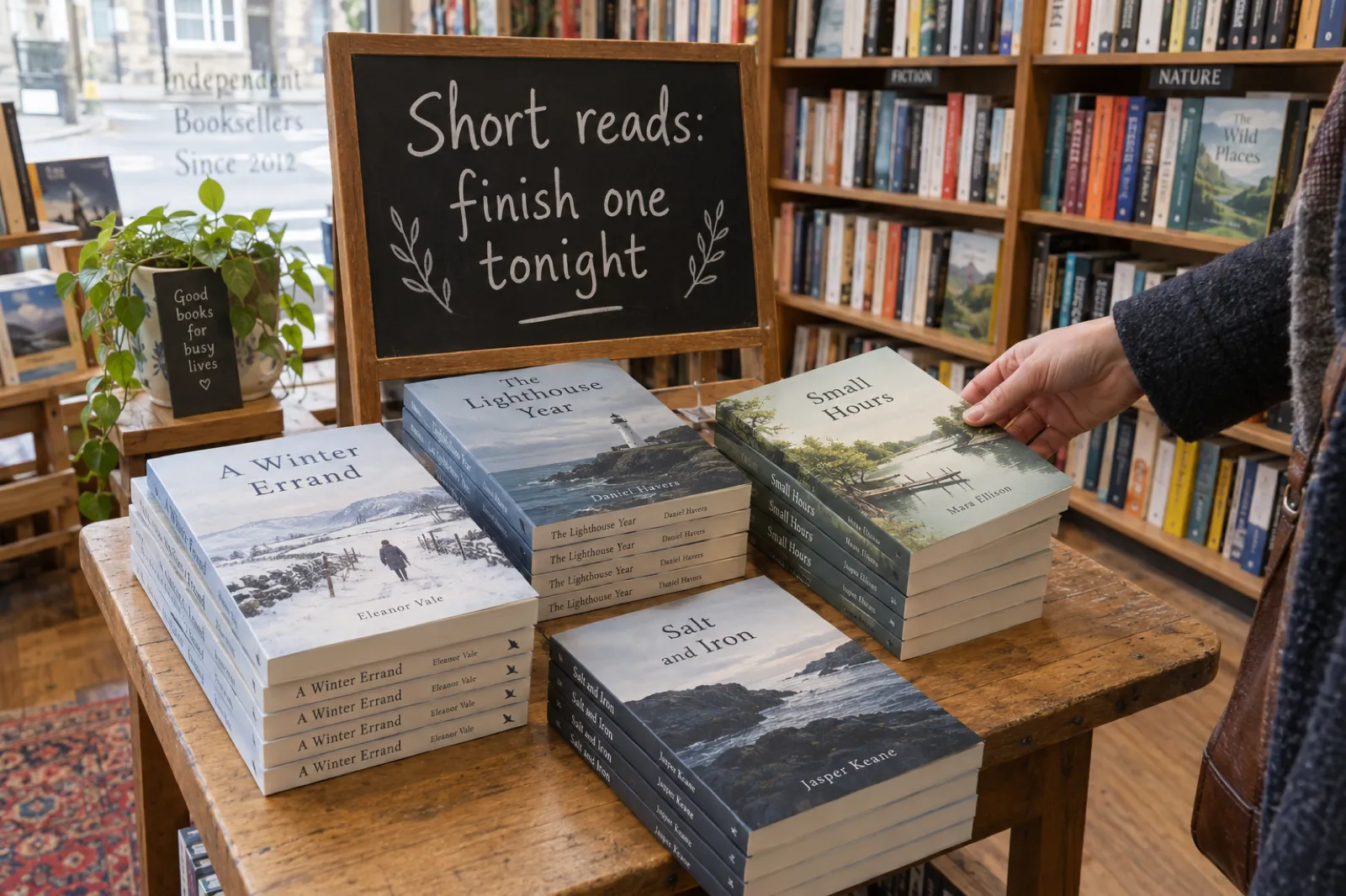 A bookshop table display under a chalkboard reading 'Short reads: finish one tonight', with stacks of slim paperbacks titled A Winter Errand, The Lighthouse Year, Small Hours and Salt and Iron, a customer's hand picking one up