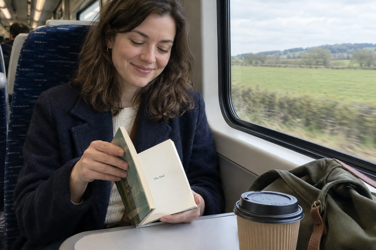 A woman on a commuter train by a window closing a slim paperback at a page reading The End, smiling, with a coffee cup and a bag on the table