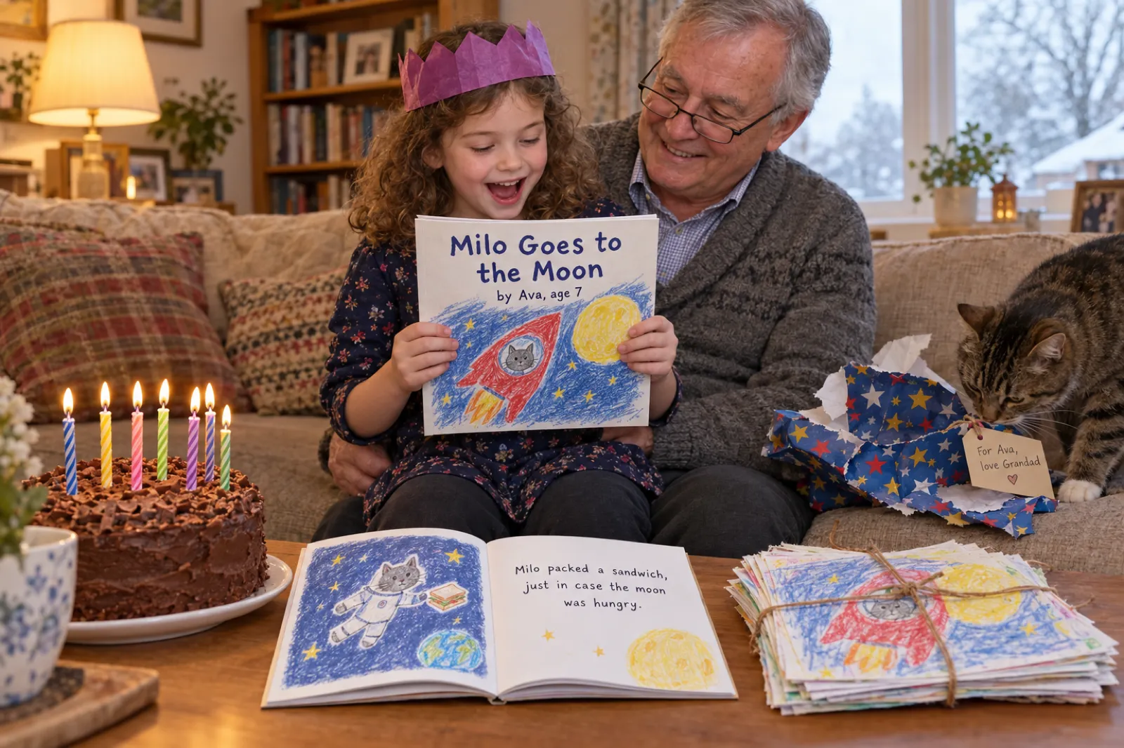 A seven-year-old girl in a purple paper crown on her grandfather's knee at a birthday tea, holding up a square paperback titled Milo Goes to the Moon by Ava, age 7, with her crayon drawing of a red rocket and a cat on the cover, her grandfather in a grey cardigan smiling at her, a chocolate cake with seven candles, a second copy open at a page of the cat floating in space with the words Milo packed a sandwich, just in case the moon was hungry, a stack of the original crayon drawings tied with string, star wrapping paper with a tag reading For Ava, love Grandad, and a tabby cat sniffing the paper
