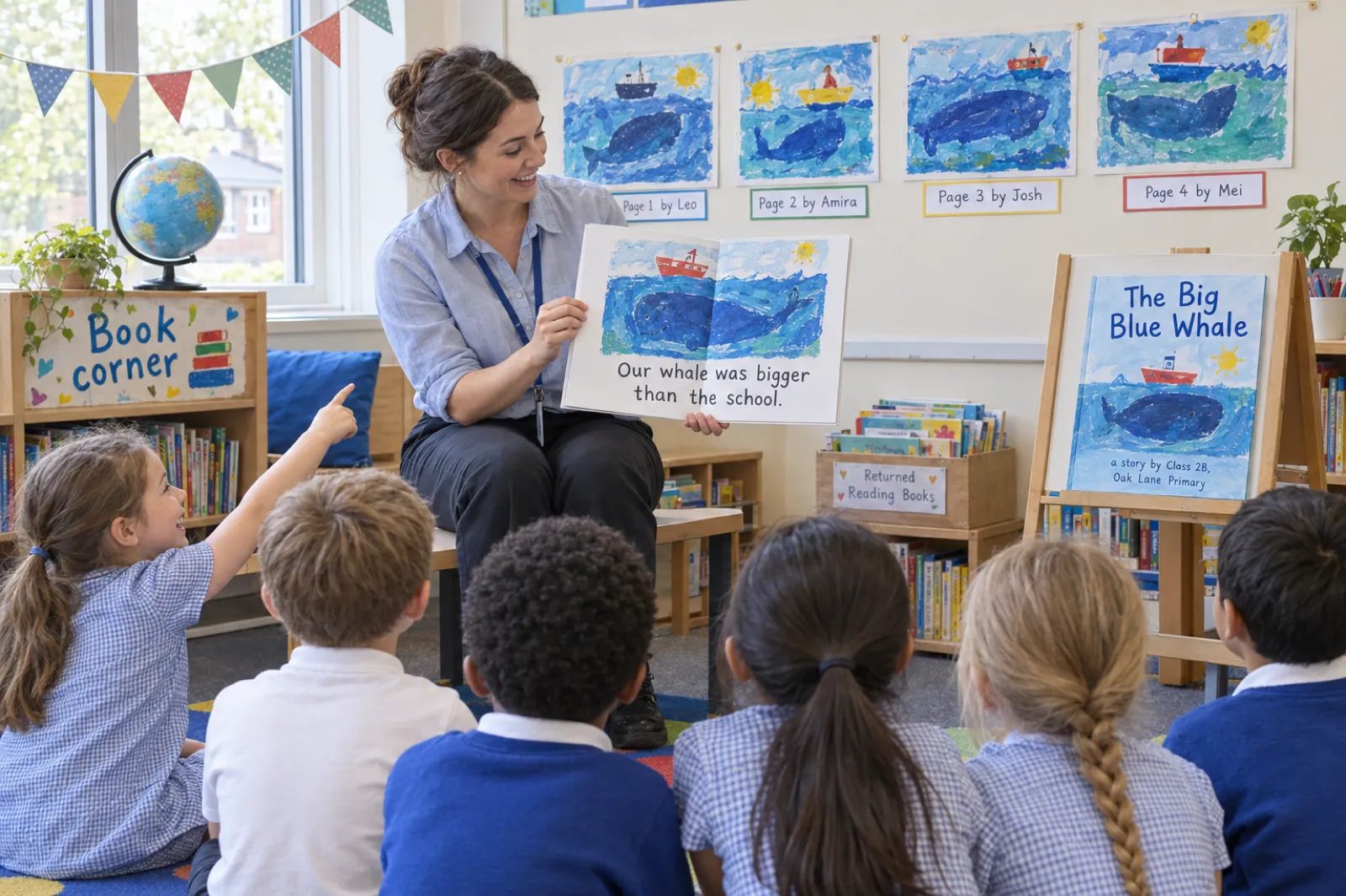 A primary school teacher sitting on a low table holding up a square picture book open at a child's painting of a whale under a boat with the words Our whale was bigger than the school, while seven-year-olds on a reading carpet watch and one girl points at the page, the original paintings pinned on the wall behind her labelled Page 1 by Leo, Page 2 by Amira, Page 3 by Josh and Page 4 by Mei, a second copy on an easel titled The Big Blue Whale, a story by Class 2B, Oak Lane Primary, a globe, a Book corner sign and paper bunting