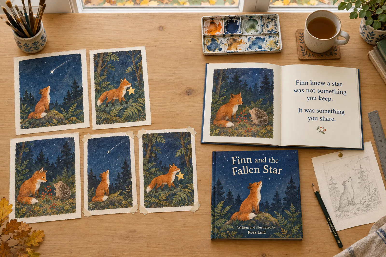 Overhead view of an illustrator's oak worktable: six original watercolour paintings of a small orange fox in a night woodland laid out on the left, two still taped at the corners, and on the right the finished square picture book made from them, open at the painting of the fox meeting a hedgehog with the words Finn knew a star was not something you keep. It was something you share, beside a closed copy titled Finn and the Fallen Star, written and illustrated by Rosa Lind, with a watercolour palette, a jar of brushes, a cup of tea and a pencil sketch of the fox