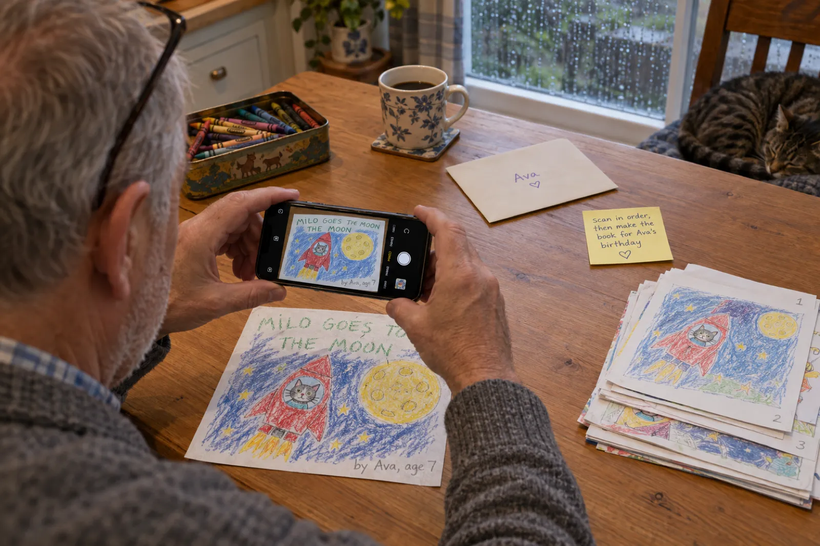 Over-the-shoulder view of a grandfather in a grey cardigan at a kitchen table on a rainy afternoon, holding a phone flat above a seven-year-old's crayon drawing of a red rocket with a grey cat in the window and a yellow moon, titled MILO GOES TO THE MOON by Ava, age 7, the phone screen showing the drawing in the camera view, a pile of more drawings numbered 1, 2 and 3 in pencil beside him, a sticky note reading scan in order, then make the book for Ava's birthday, a tin of crayons, a mug of coffee and a tabby cat asleep on a chair