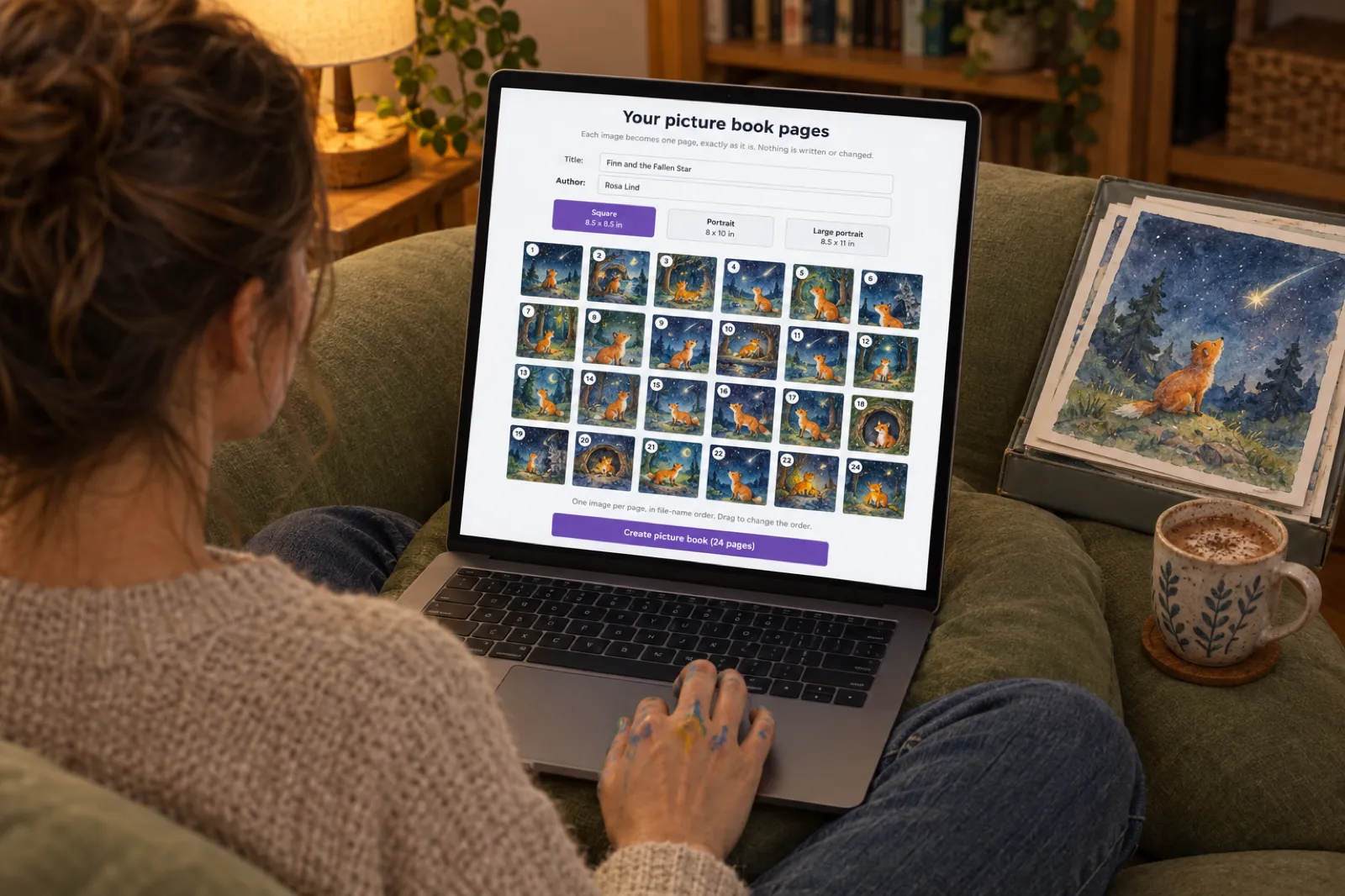 Over-the-shoulder view of a woman with paint on her fingers on a green sofa with a laptop showing a web app page headed Your picture book pages, with the line Each image becomes one page, exactly as it is. Nothing is written or changed, the title Finn and the Fallen Star and author Rosa Lind filled in, three page size buttons reading Square 8.5 x 8.5 in, highlighted, Portrait 8 x 10 in and Large portrait 8.5 x 11 in, a grid of 24 numbered thumbnails of fox paintings, the hint One image per page, in file-name order. Drag to change the order, and a purple button reading Create picture book (24 pages), beside a folder of the original paintings and a mug of cocoa
