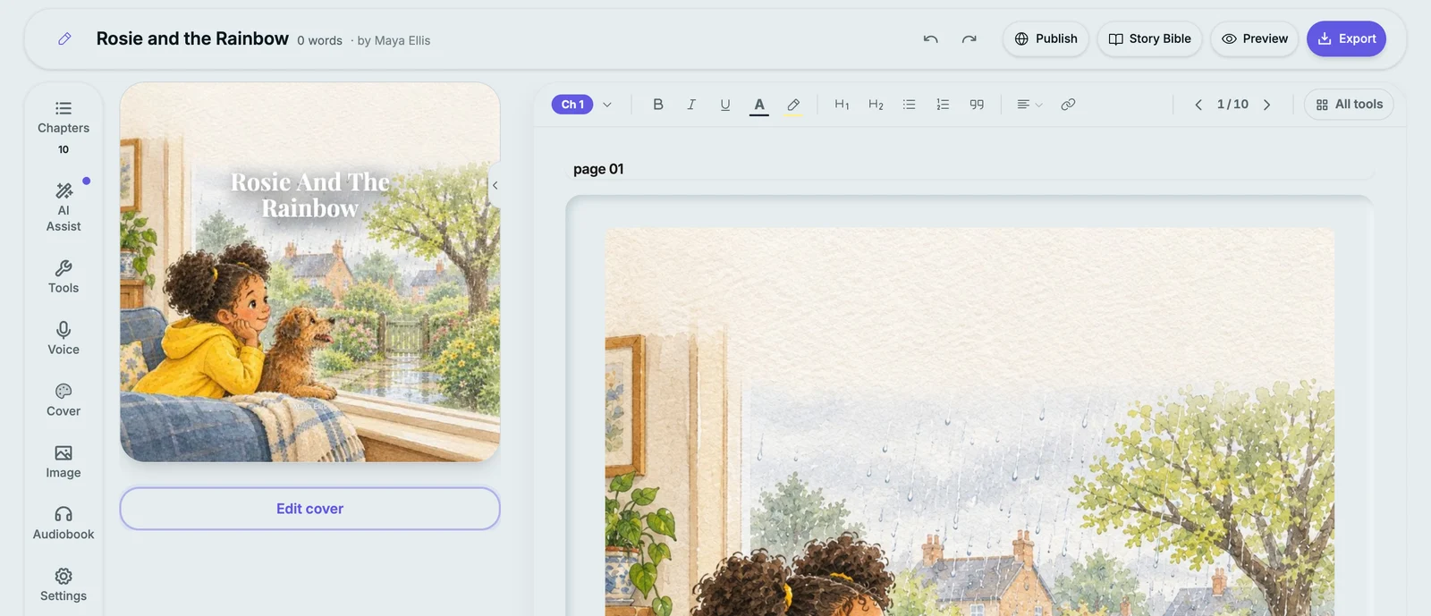 The Inkfluence AI editor with the book Rosie and the Rainbow by Maya Ellis open: the cover panel shows the first watercolour page, a girl in a yellow raincoat and her dog at a rainy window, with the title on top and an Edit cover button, and the first page shown full size beside it