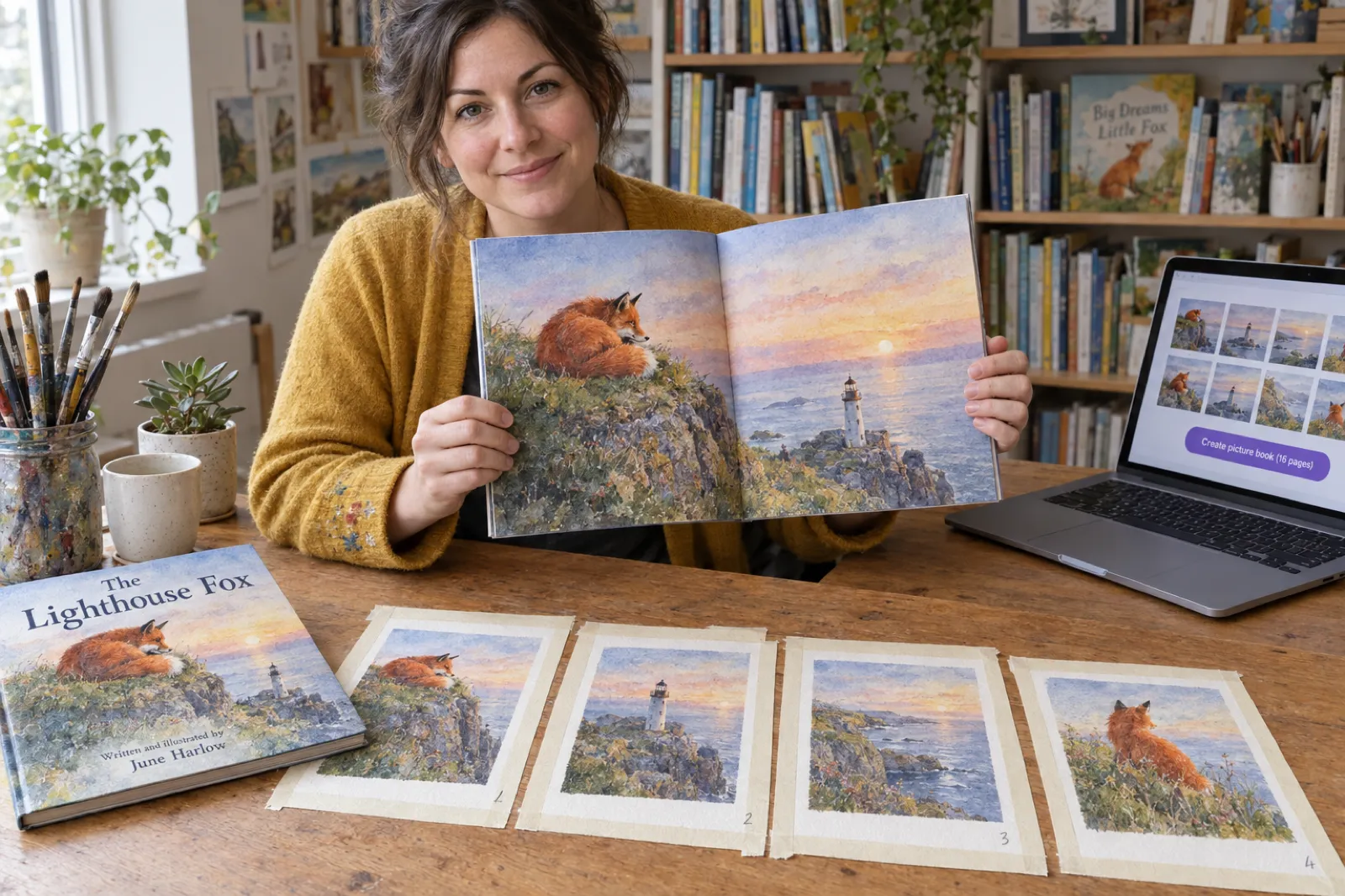 An illustrator in a mustard cardigan holds open a printed square picture book, The Lighthouse Fox by June Harlow, showing a fox on a cliff and a lighthouse at dawn printed to the very edge of both pages; her four original watercolour paintings of the same pages lie taped in a numbered row on the oak table, beside a laptop showing the page thumbnails and a Create picture book (16 pages) button