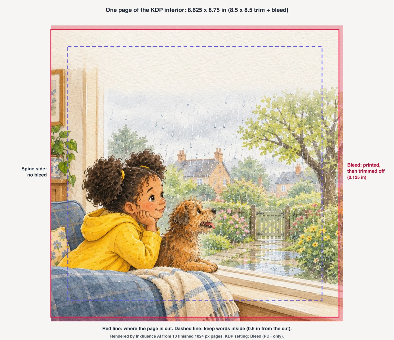 A real page from an Inkfluence KDP interior, a watercolour of a girl and her dog at a rainy window, printed at 8.625 x 8.75 inches: a red line marks where the page is cut, a shaded strip on the outside, top and bottom edges is labelled Bleed: printed, then trimmed off (0.125 in), the spine side is labelled no bleed, and a dashed line half an inch inside the cut marks where to keep words