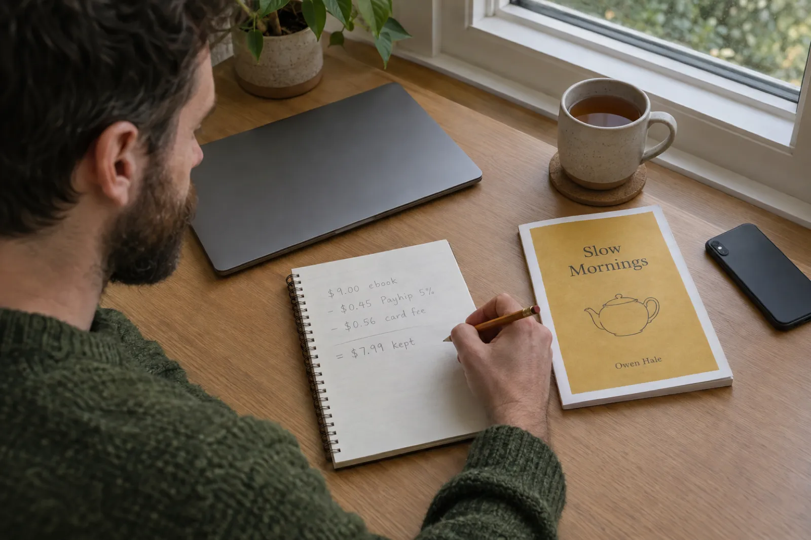 A bearded man in a green jumper writes in a spiral notebook at a desk by a window; the page reads $9.00 ebook, minus $0.45 Payhip 5%, minus $0.56 card fee, equals $7.99 kept, beside a printed proof of an invented ebook called Slow Mornings by Owen Hale
