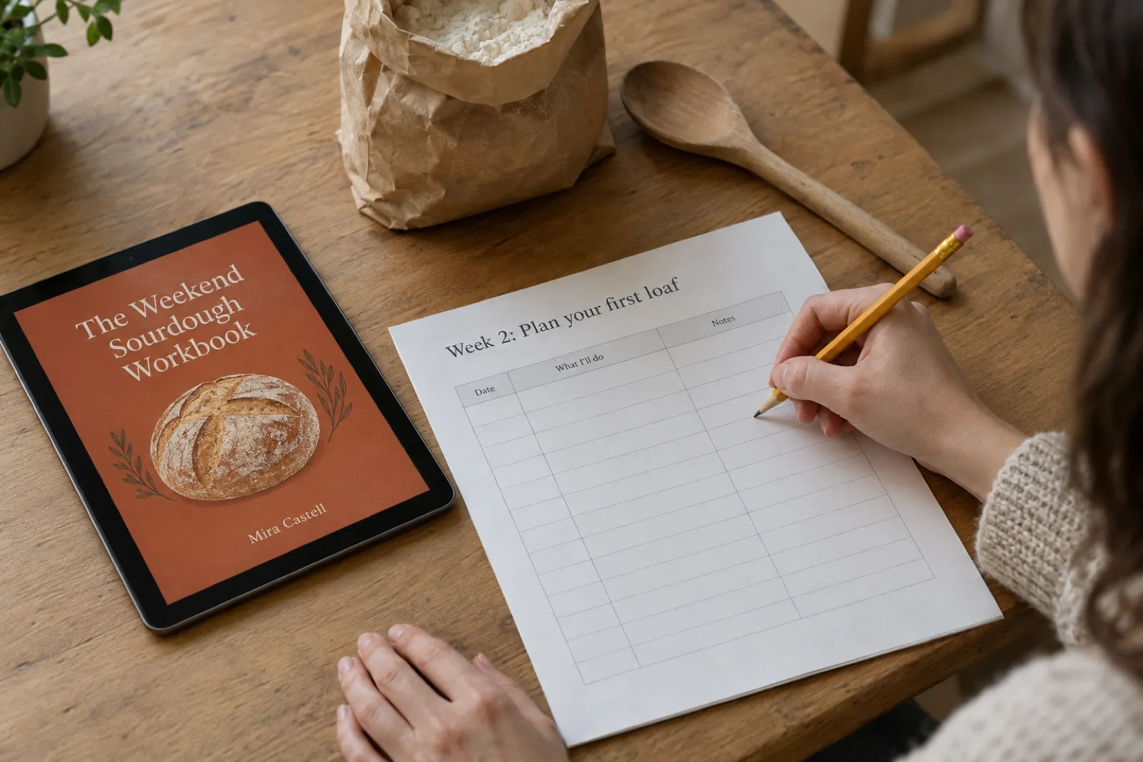 Seen from above, a woman fills in a printed workbook page headed Week 2: Plan your first loaf with a pencil at a kitchen table, beside a tablet showing an invented ebook cover, The Weekend Sourdough Workbook by Mira Castell, a paper bag of flour and a wooden spoon