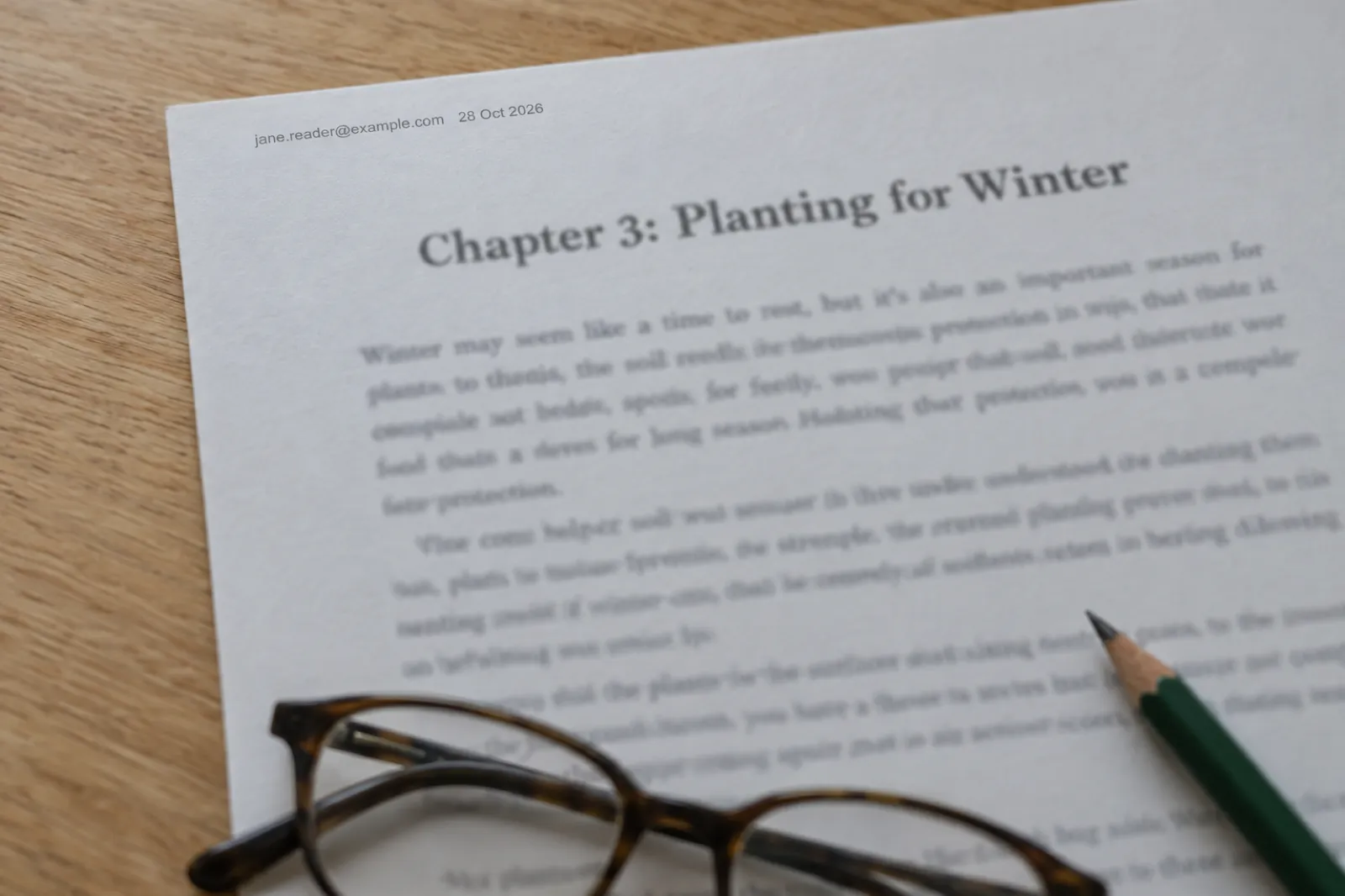 A printed ebook page headed Chapter 3: Planting for Winter on an oak desk, with a small grey stamp in the top left corner reading jane.reader@example.com 28 Oct 2026, reading glasses and a green pencil beside it
