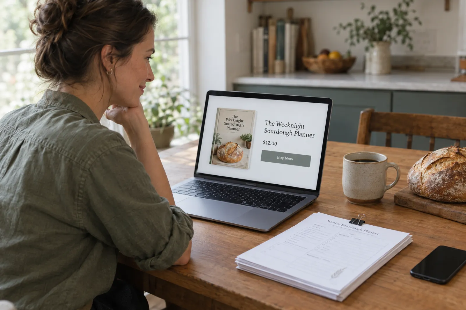 At a wooden kitchen table in morning light, a woman looks at her laptop showing an ebook product page titled The Weeknight Sourdough Planner priced at $12.00 with a Buy Now button, beside a clipped stack of printed planner pages, a mug of coffee and a small sourdough loaf