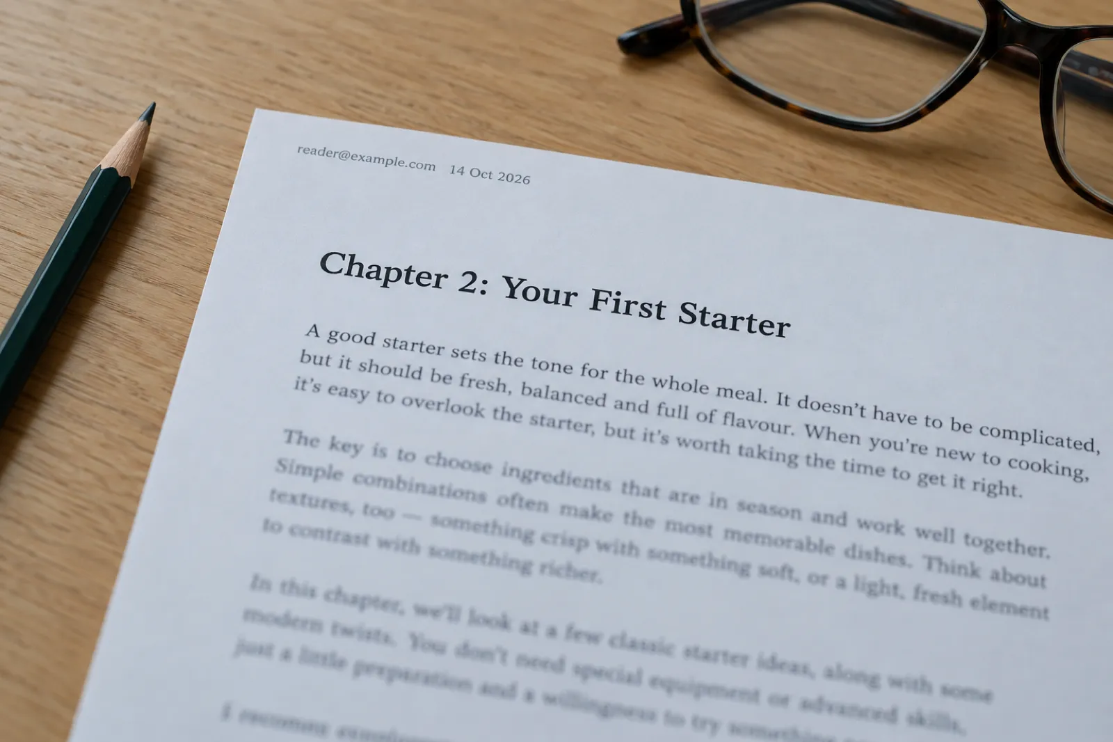 Close-up of a printed ebook page headed Chapter 2: Your First Starter, with a small grey line in the top left corner reading reader@example.com 14 Oct 2026, the stamped line in sharp focus and the body text soft