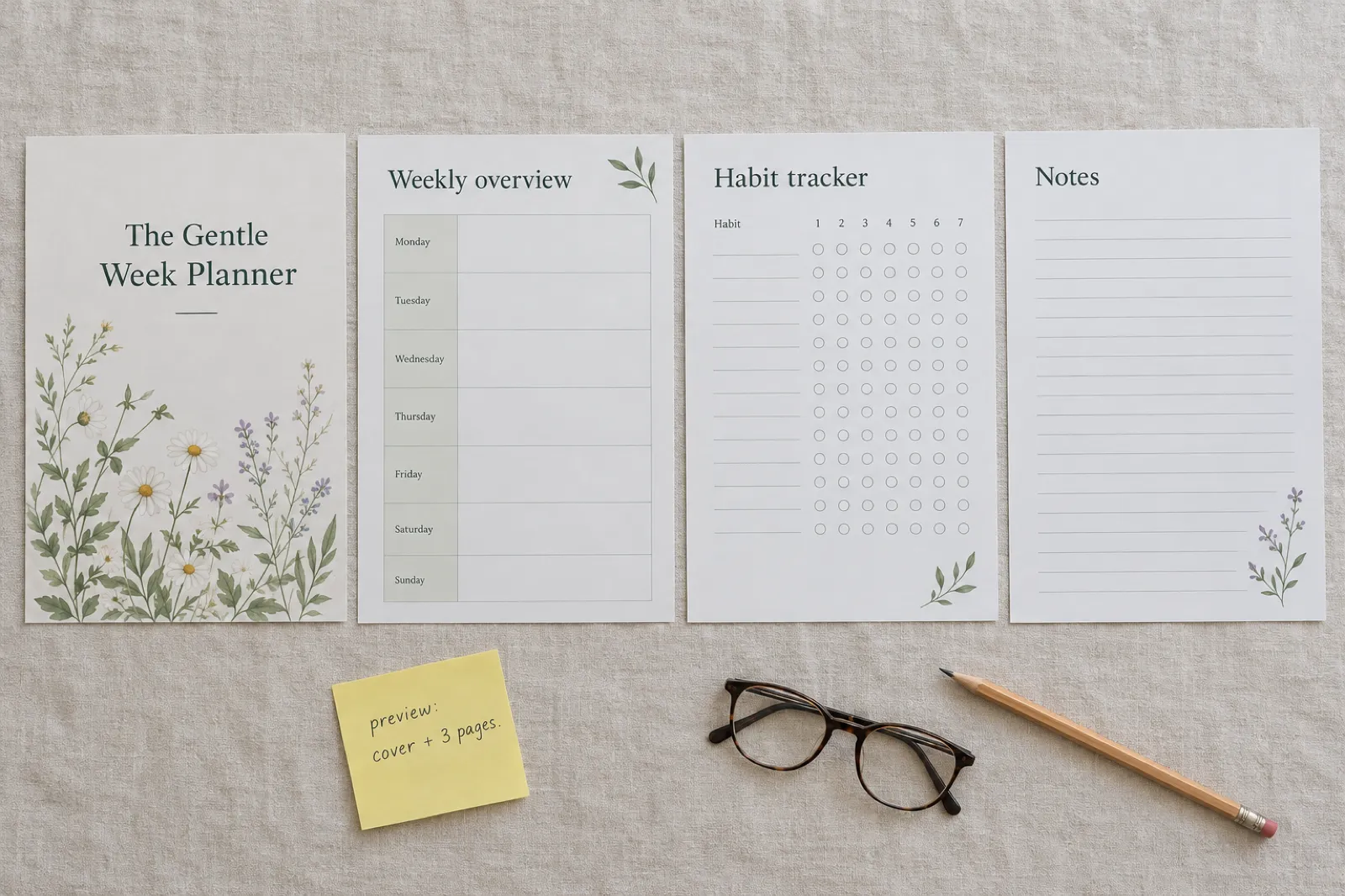 Four printed planner pages laid out on a linen tablecloth: a cover titled The Gentle Week Planner, a Weekly overview page with a seven-day grid, a Habit tracker page and a Notes page, with a sticky note reading preview: cover + 3 pages