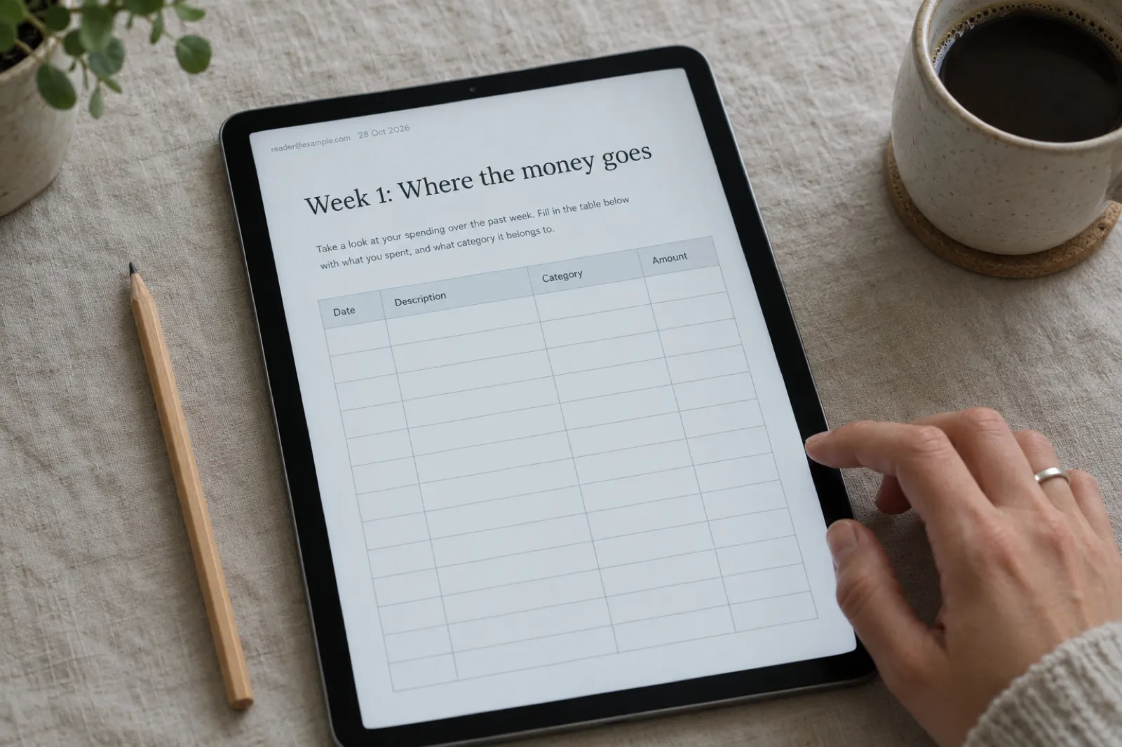 A tablet on a linen tablecloth showing the first page of a PDF workbook titled Week 1: Where the money goes, with a small grey stamp in the top-left corner reading reader@example.com 28 Oct 2026