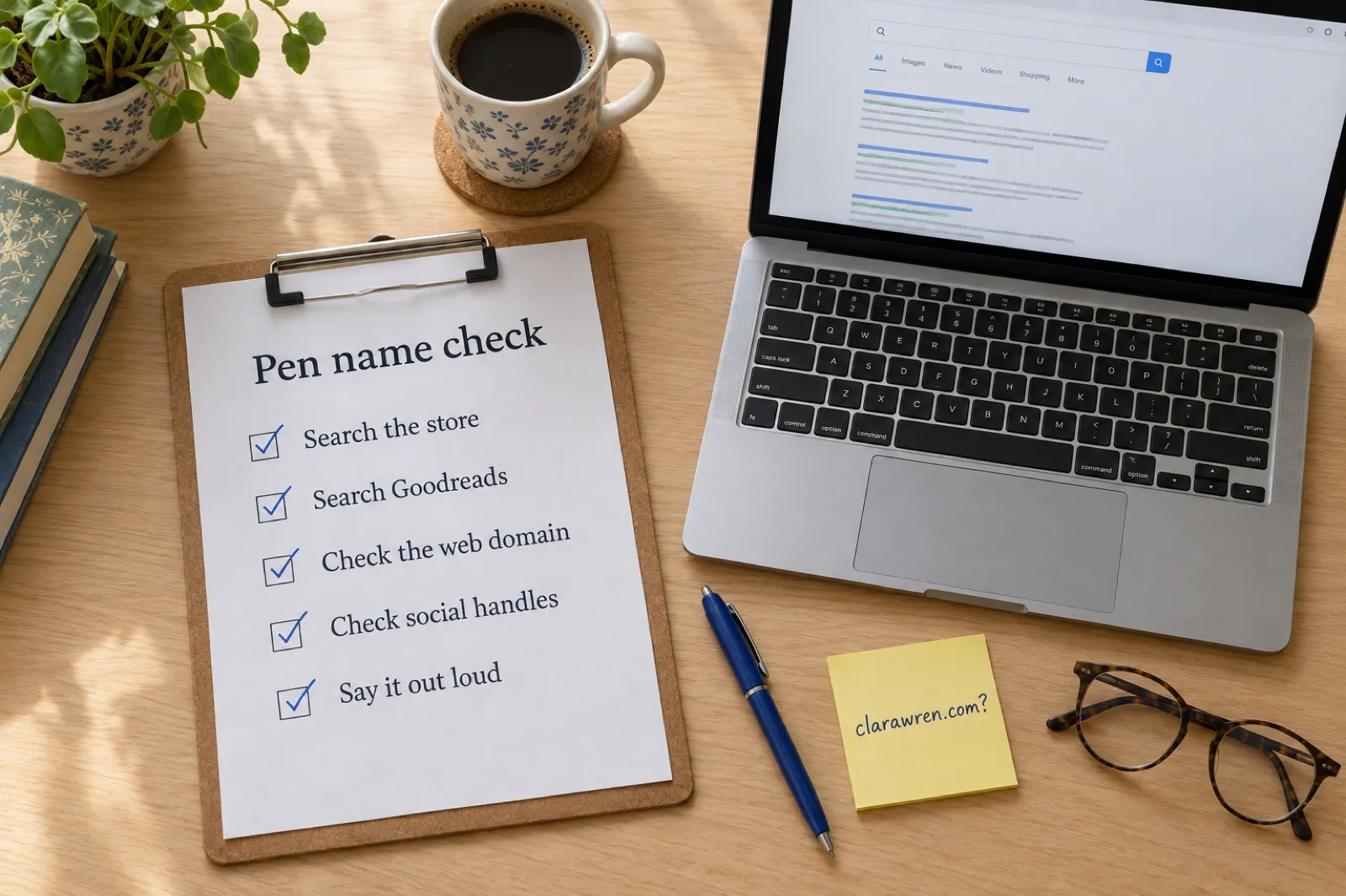 A clipboard on a wooden desk holding a printed 'Pen name check' list with ticks next to Search the store, Search Goodreads, Check the web domain, Check social handles and Say it out loud, beside a laptop, a blue pen, glasses and a sticky note reading clarawren.com?
