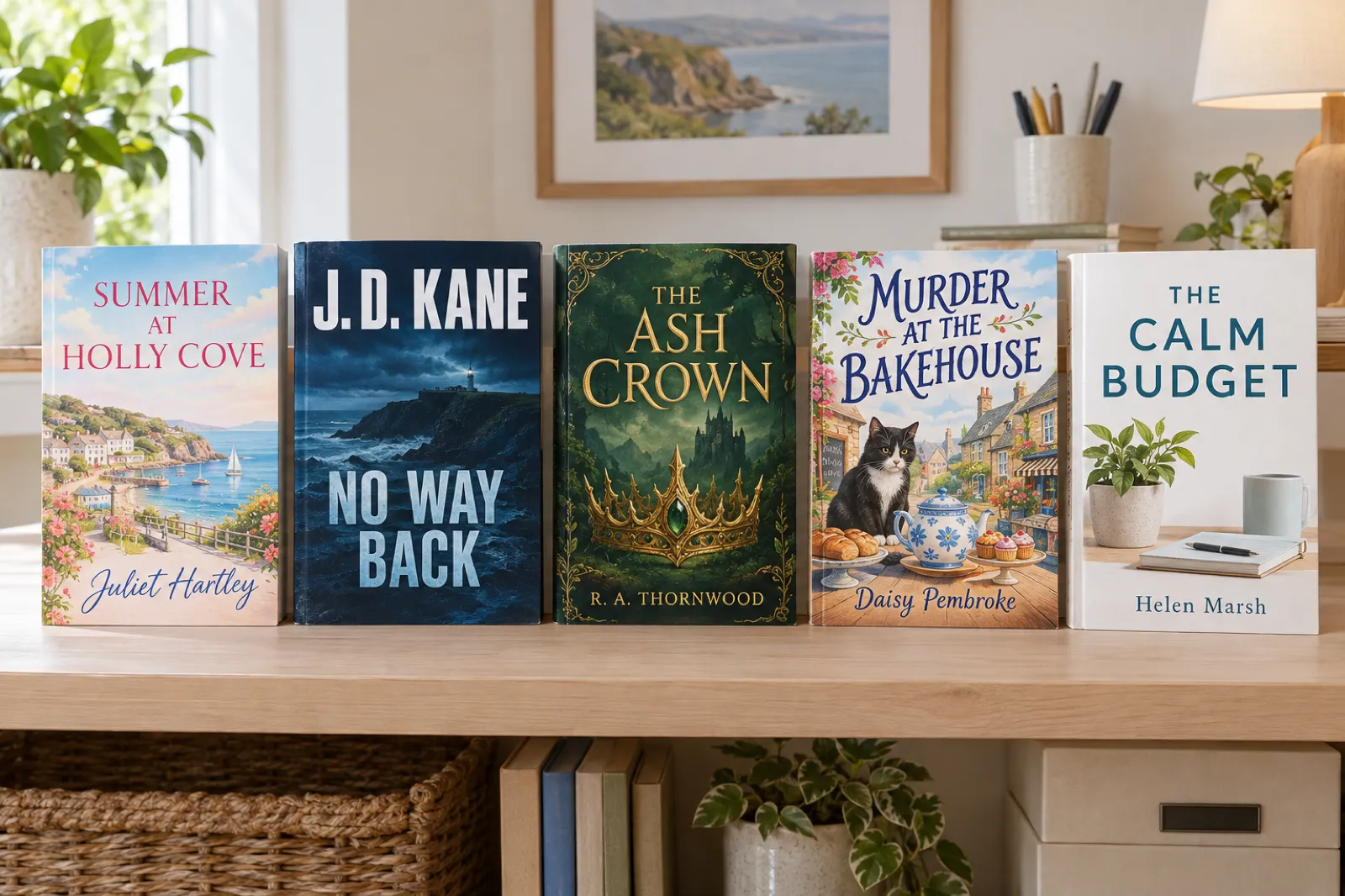 Five paperbacks on a pale wooden shelf: a pastel romance by Juliet Hartley in script, a navy thriller with J. D. KANE in huge capitals above the title, a green fantasy by R. A. THORNWOOD in serif capitals, an illustrated cosy mystery with a cat by Daisy Pembroke, and a clean white non-fiction book by Helen Marsh.