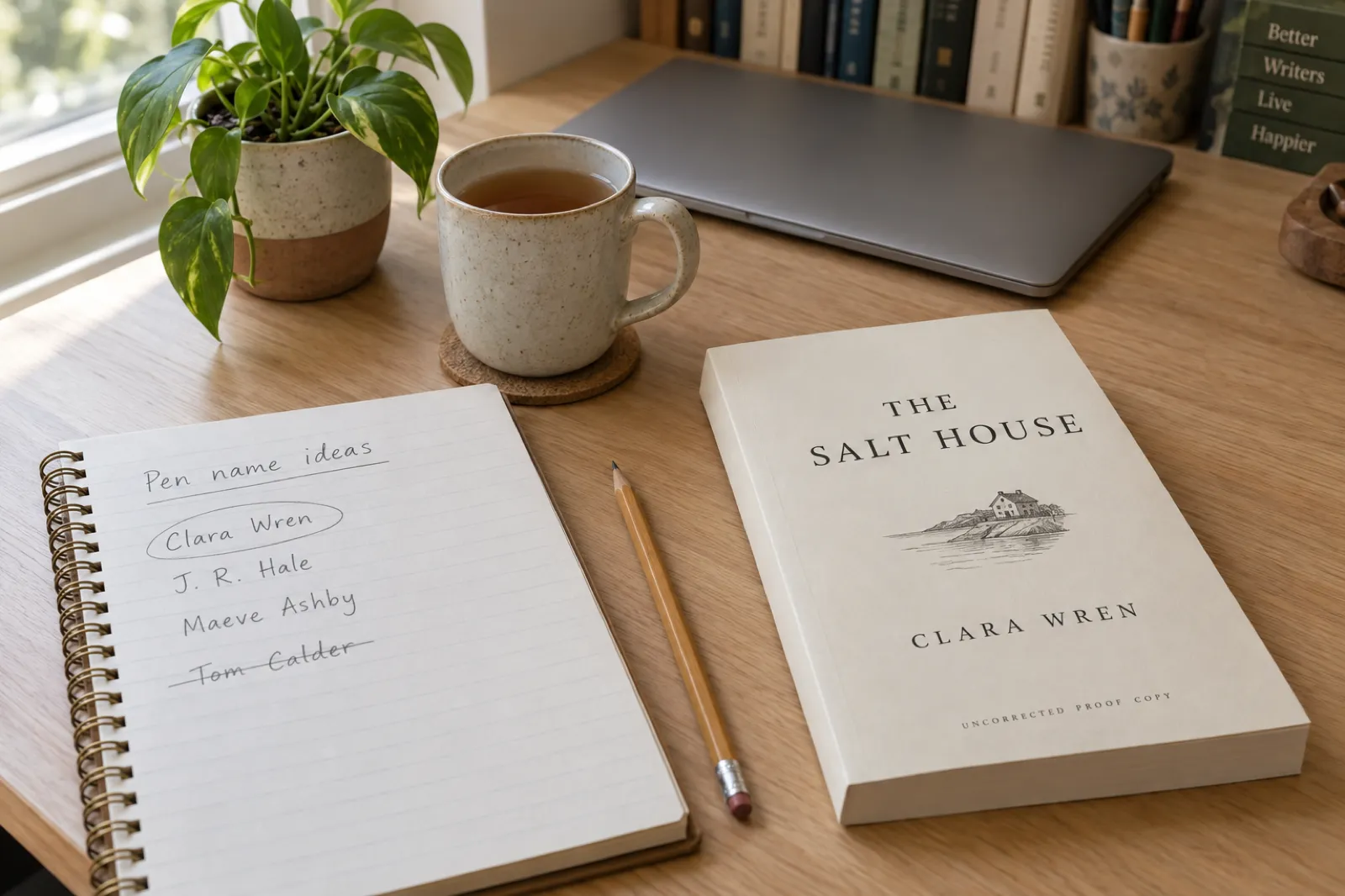 An open notebook headed 'Pen name ideas' listing Clara Wren (circled), J. R. Hale, Maeve Ashby and a crossed-out Tom Calder, next to a proof copy of 'The Salt House' printed under the name Clara Wren, on a sunny oak desk with a mug of tea.