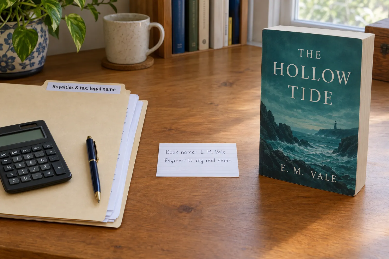 A buff folder labelled 'Royalties & tax: legal name' with a calculator and pen on the left, an index card reading 'Book name: E. M. Vale / Payments: my real name' in the middle, and a teal paperback of 'The Hollow Tide' by E. M. Vale standing on the right.