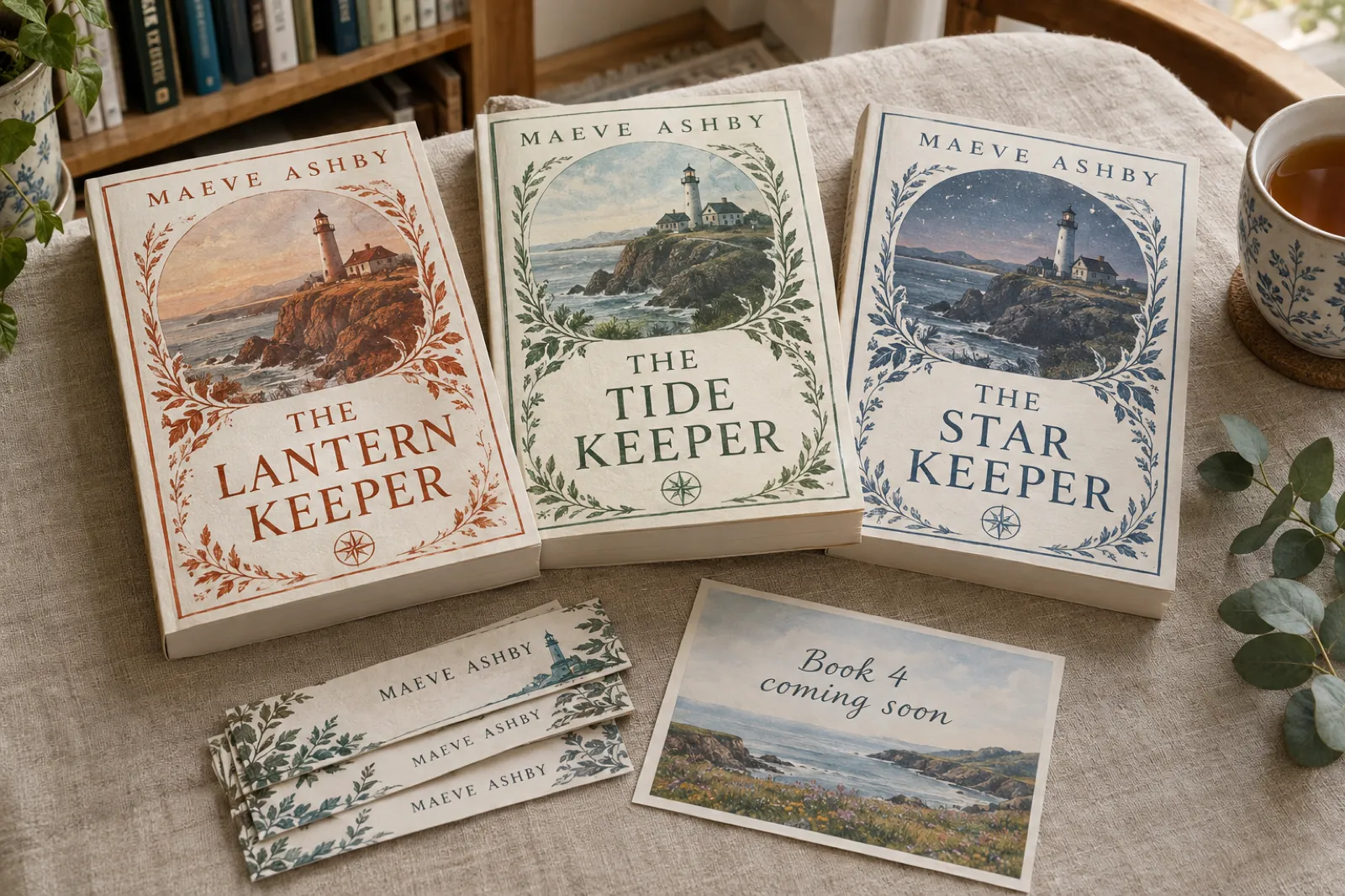 A three-book paperback series, The Lantern Keeper, The Tide Keeper and The Star Keeper, in rust, sage and slate blue with matching lighthouse illustrations and the name MAEVE ASHBY in the same place at the top of each cover, with matching bookmarks and a postcard reading 'Book 4 coming soon'.