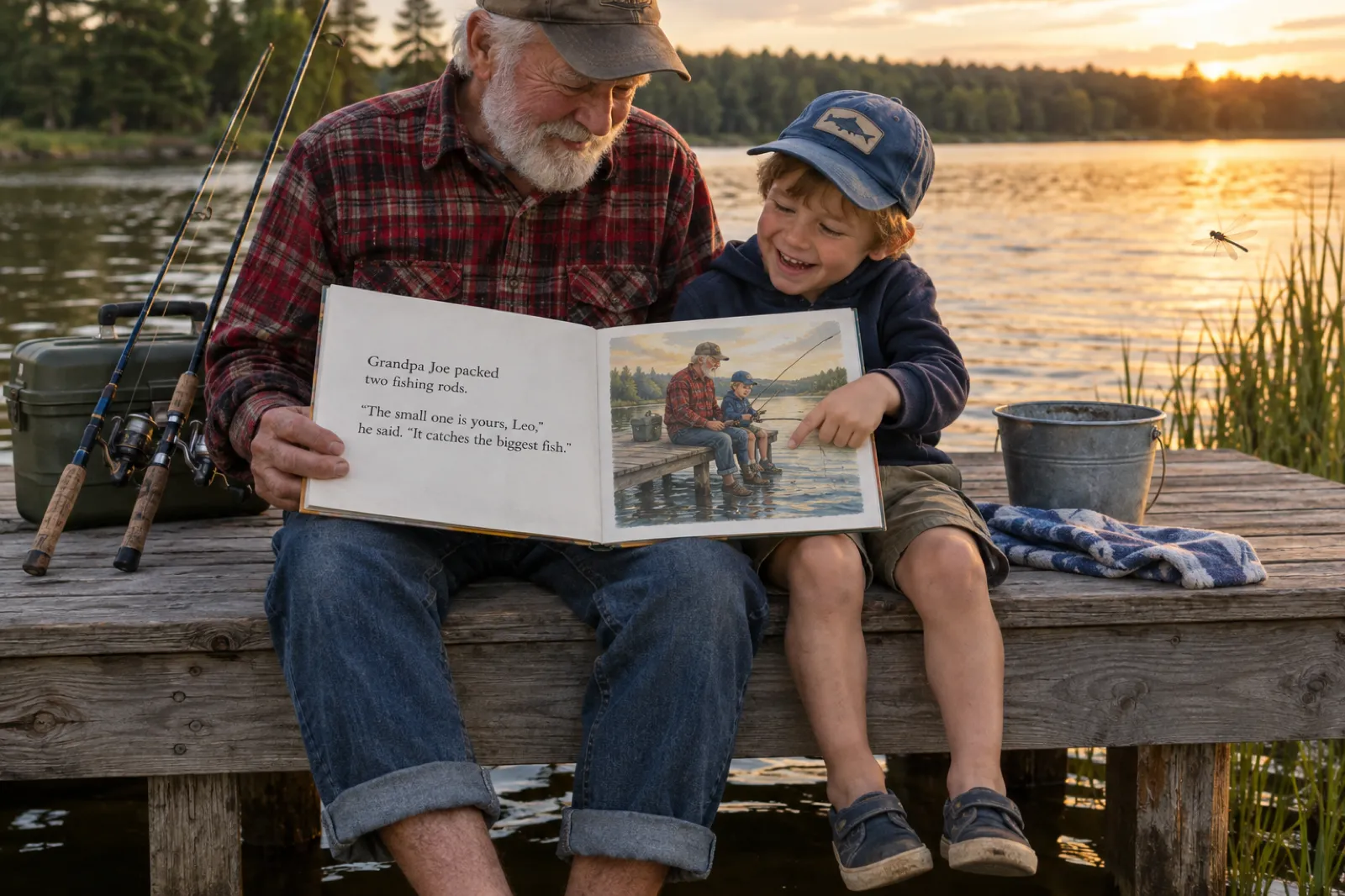 A grandfather in a red flannel shirt and a boy in a blue cap sit on a lake dock at sunset reading an open square picture book; the left page reads: Grandpa Joe packed two fishing rods. "The small one is yours, Leo," he said. "It catches the biggest fish." and the right page shows them fishing from the same dock