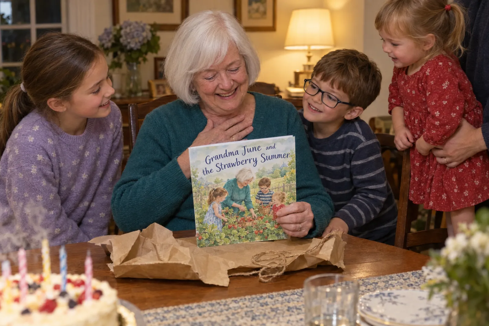 At a birthday dinner, a grandmother with a white bob and a teal sweater holds a just-unwrapped paperback titled Grandma June and the Strawberry Summer, her hand on her chest, while three grandchildren lean in around her chair.
