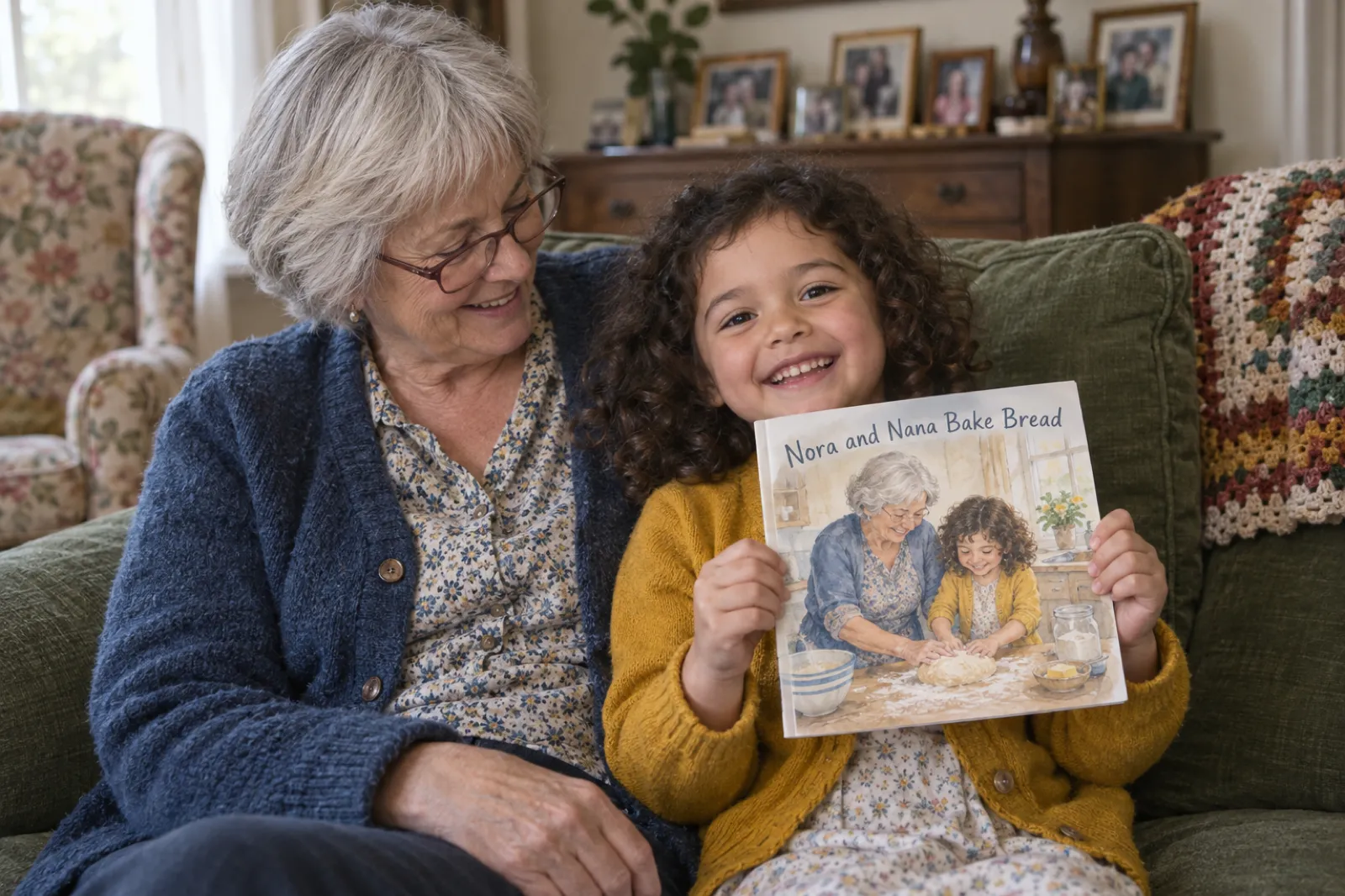 A grandmother with short silver hair and reading glasses sits on a green sofa in her living room while her curly-haired granddaughter, about five, holds up a square paperback picture book titled Nora and Nana Bake Bread, its cover showing the two of them kneading dough.