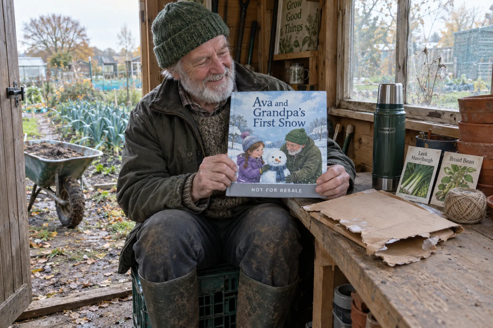 In a garden shed on an allotment, a grandfather in a green knitted hat and muddy wellies grins at a just-opened square paperback titled Ava and Grandpa's First Snow, with a grey NOT FOR RESALE band across the cover