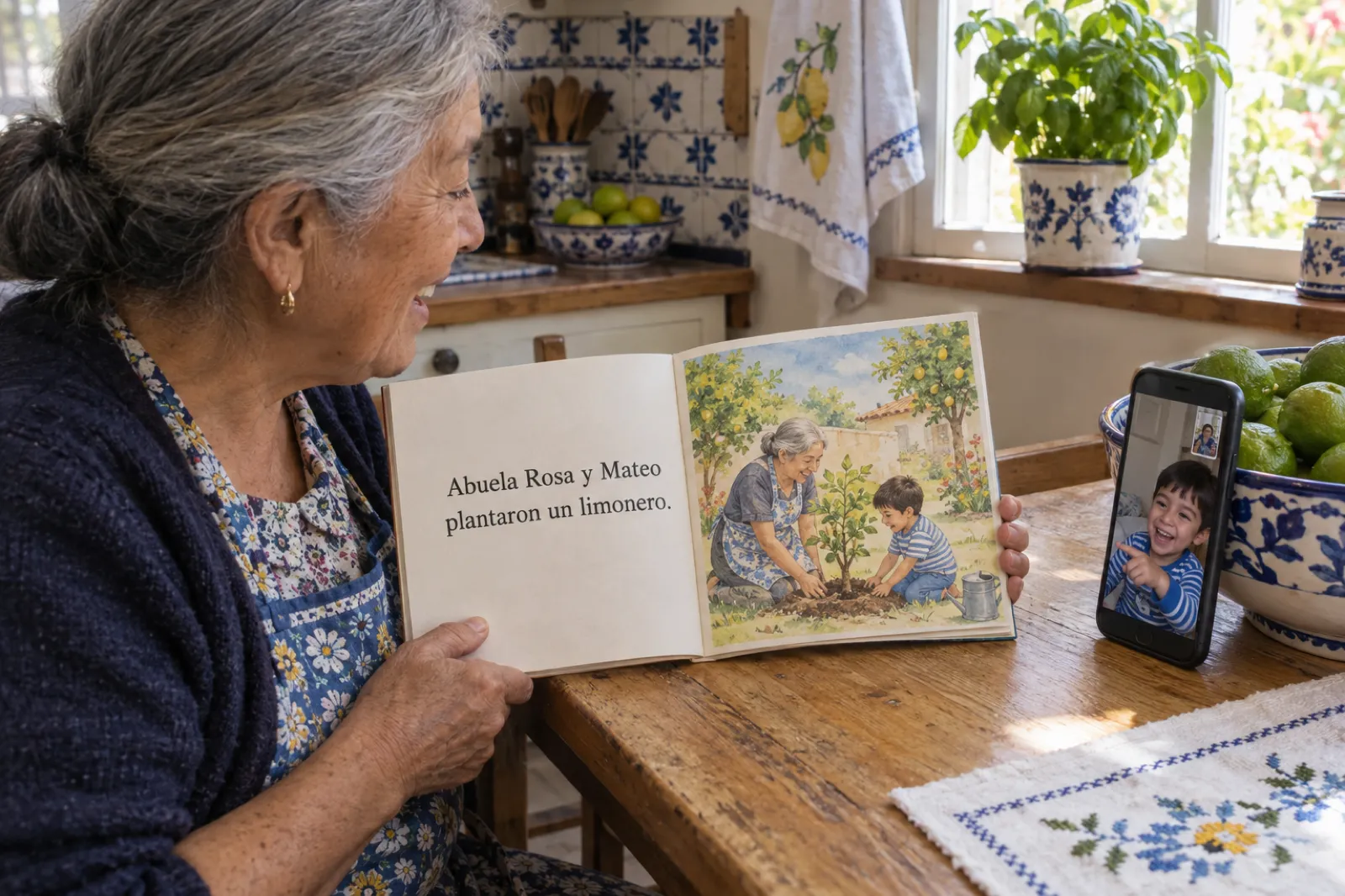 A grandmother in an apron sits in her tiled kitchen holding up an open paperback picture book to a phone propped on a fruit bowl, where her small grandson in striped pajamas laughs on a video call. The left page reads, in Spanish: Abuela Rosa y Mateo plantaron un limonero.