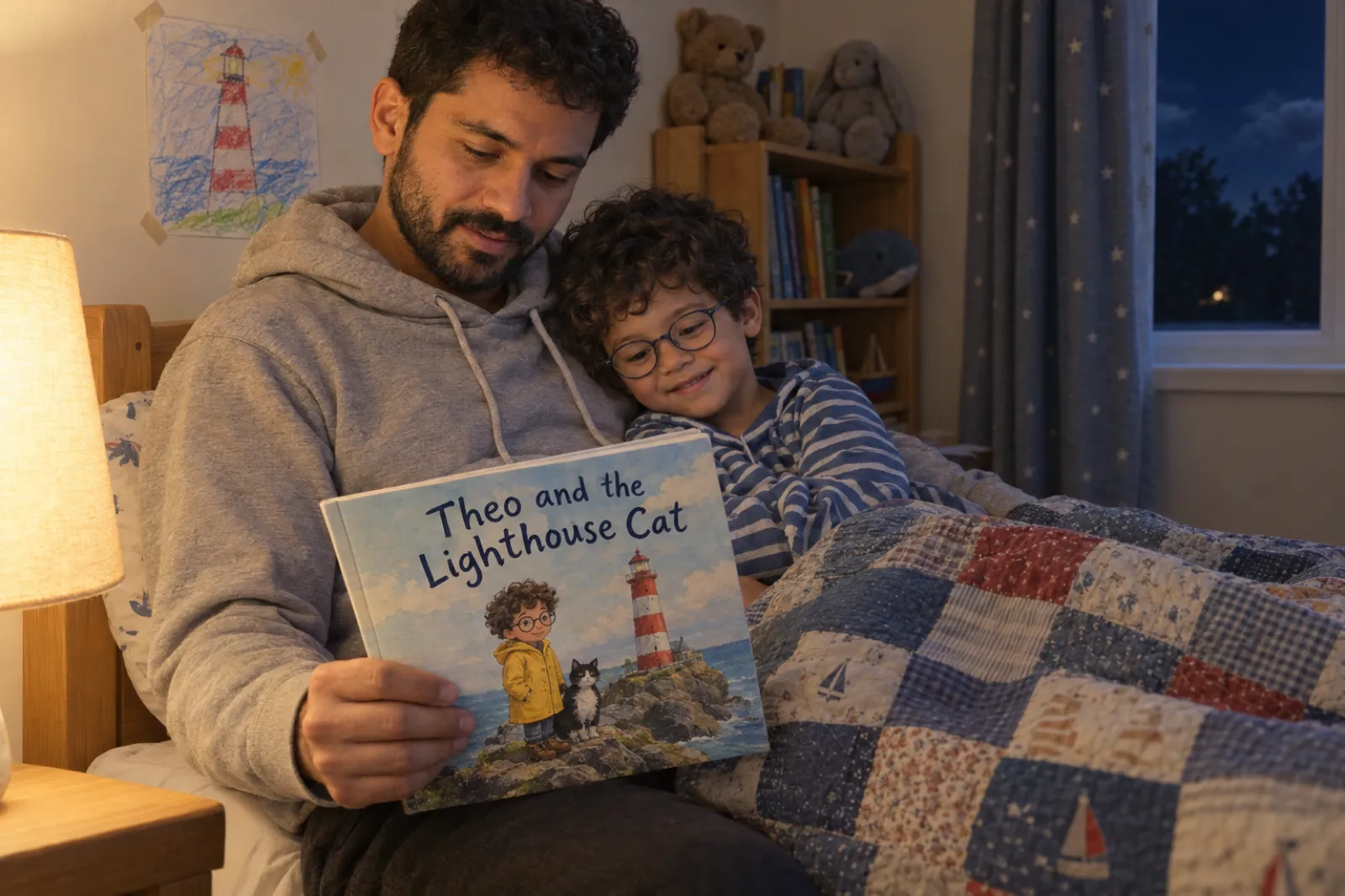 At bedtime a father sits on the edge of his son's bed holding a square paperback picture book titled Theo and the Lighthouse Cat, whose cover shows a boy with dark curly hair, round glasses and a yellow raincoat beside a lighthouse with a black-and-white cat; the boy in the bed has the same curly hair and round glasses.