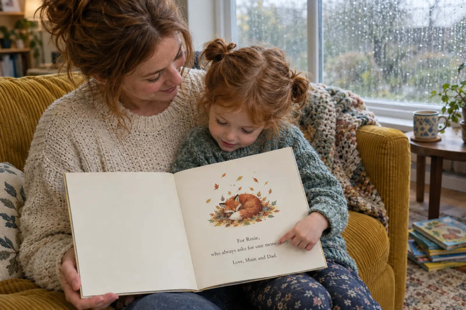 A mother and her red-haired daughter on a yellow sofa hold open a square picture book at its dedication page, a small painting of a sleeping fox above the words For Rosie, who always asks for one more story. Love, Mum and Dad. The girl points at her name.