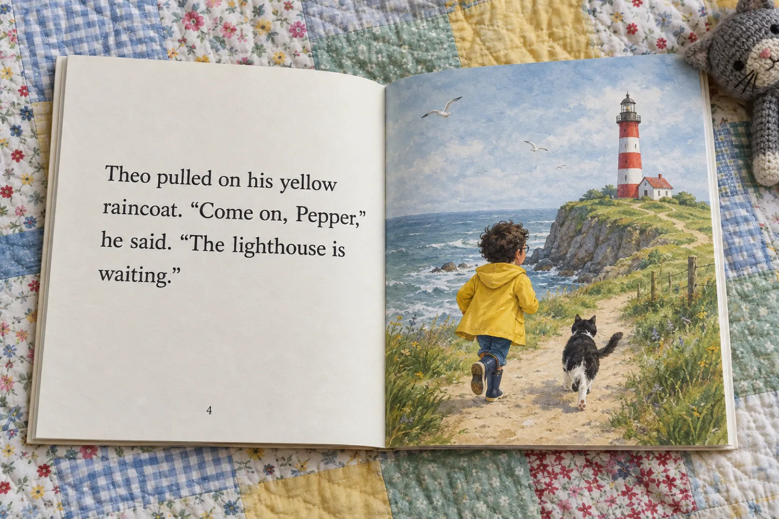 An open square paperback picture book on a patchwork quilt. The left page reads: Theo pulled on his yellow raincoat. "Come on, Pepper," he said. "The lighthouse is waiting." The right page is a painted illustration of a curly-haired boy in round glasses and a yellow raincoat running towards a red-and-white lighthouse with a black-and-white cat.