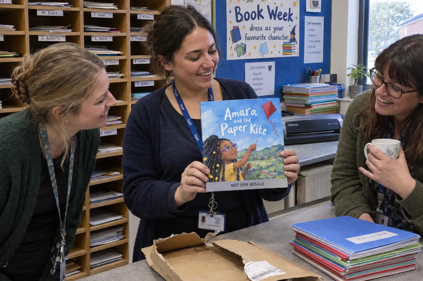 In a school staff mailroom a teaching assistant holds up a square paperback picture book titled Amara and the Paper Kite, with a grey NOT FOR RESALE band across the cover, beside a torn cardboard mailer while two colleagues lean in smiling