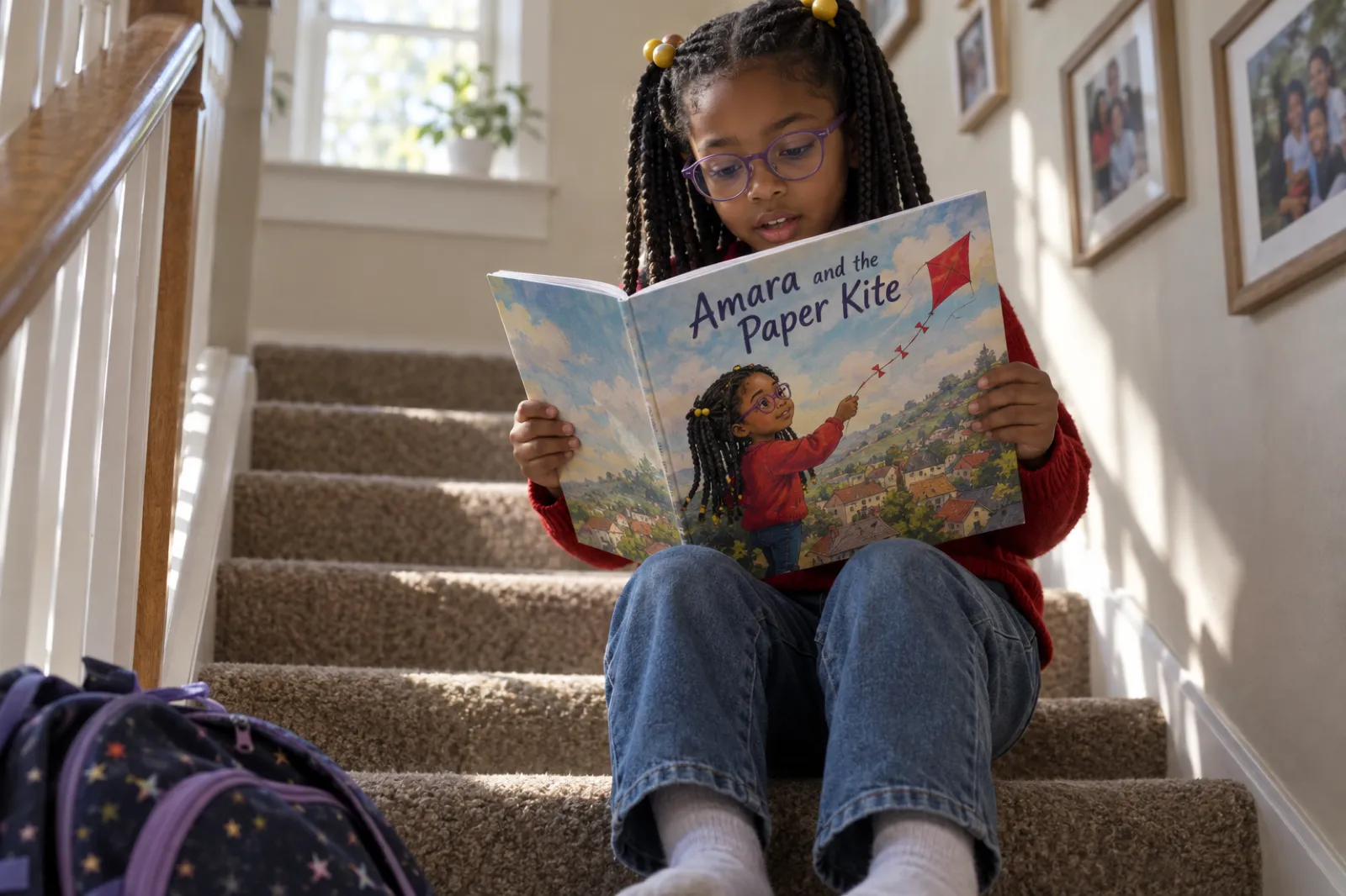 A girl with long black braids, yellow bobbles and purple glasses sits on the stairs at home reading a square paperback titled Amara and the Paper Kite; the girl painted on the cover has the same braids, glasses and red jumper.