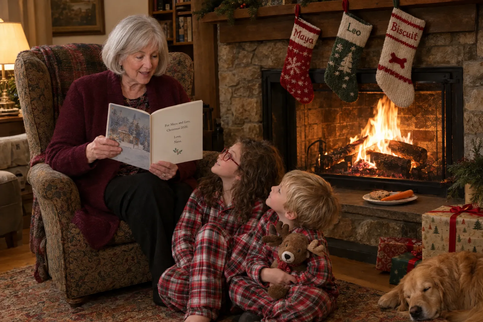On Christmas Eve by a log fire, a grandmother in a burgundy cardigan reads aloud the dedication page of a square paperback picture book, which reads For Maya and Leo, Christmas 2026. Love, Nana, to two children in plaid pajamas sitting on the rug