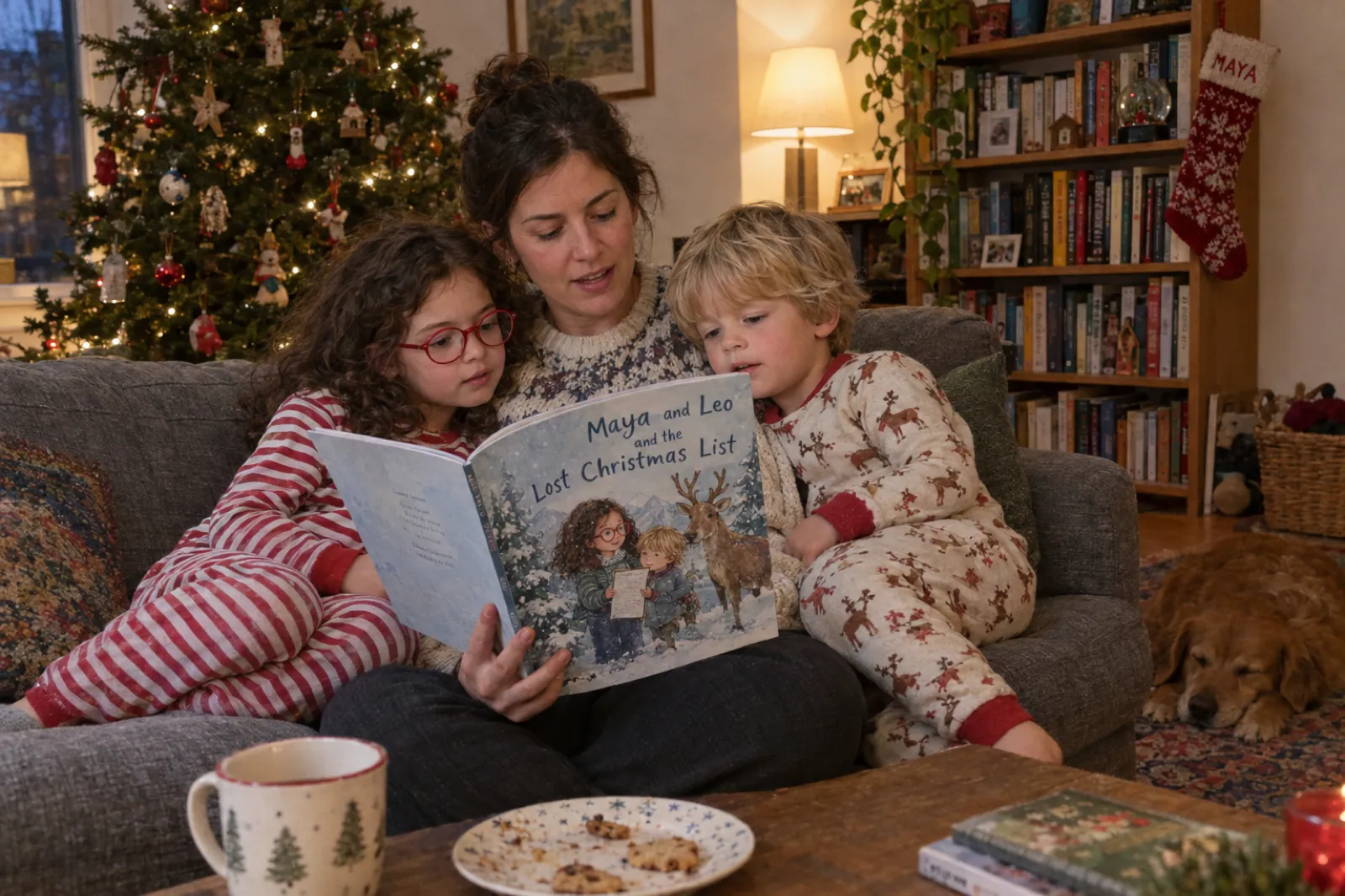 On Christmas Eve a mother on a gray sofa reads a square paperback picture book titled Maya and Leo and the Lost Christmas List to a curly-haired girl in round red glasses and striped pajamas and a blond boy in reindeer pajamas; the cover painting shows the same two children holding a list beside a reindeer, with a stocking stitched MAYA on the bookshelf behind them.