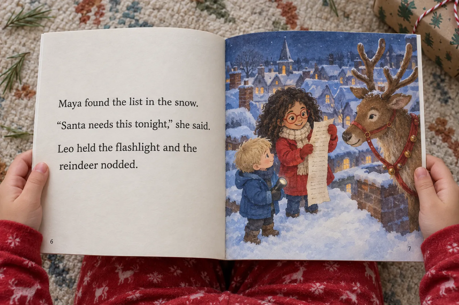 An open square picture book on a child's lap. The left page reads: Maya found the list in the snow. "Santa needs this tonight," she said. Leo held the flashlight and the reindeer nodded. The right page is a painted illustration of the curly-haired girl in red glasses holding a long list on a snowy rooftop, her blond little brother holding a flashlight, and a reindeer in a red harness.