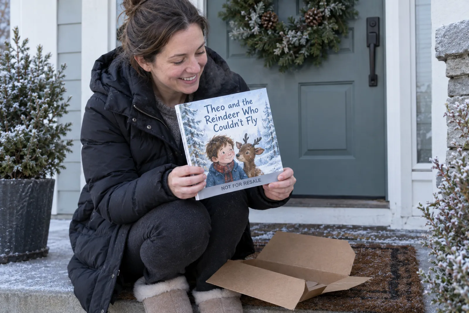 A smiling woman crouched on a frosty front step in early December lifts a square paperback picture book titled Theo and the Reindeer Who Couldn't Fly out of a brown cardboard mailer; a gray band across the bottom of the cover reads NOT FOR RESALE.