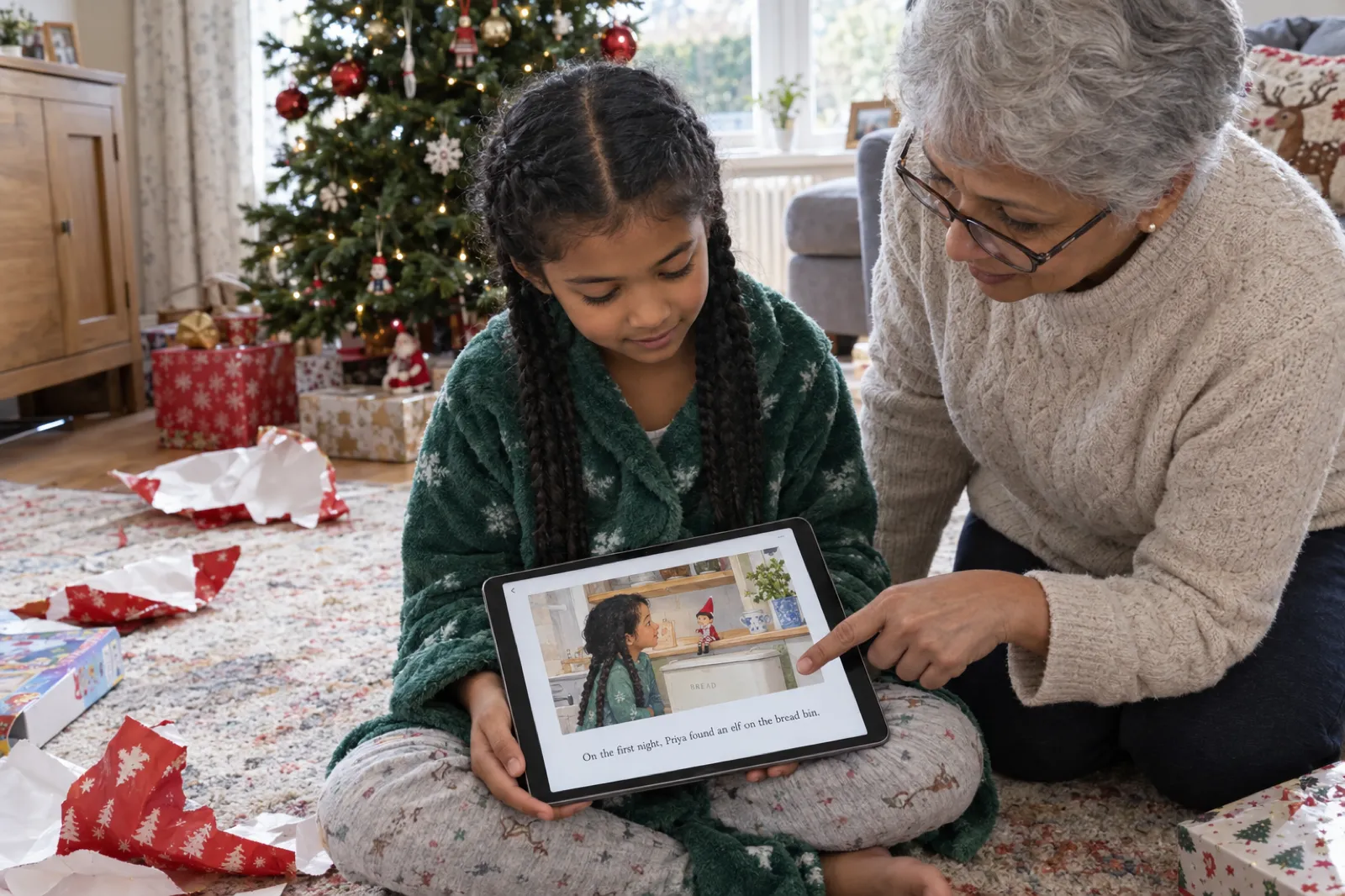 On Christmas morning among torn wrapping paper, a girl with long black braids in a green robe holds a tablet showing a picture book page: a painted girl with the same braids looking at a tiny elf in a red hat on a kitchen bread bin, above the line On the first night, Priya found an elf on the bread bin. Her grandmother kneels beside her pointing at the screen.