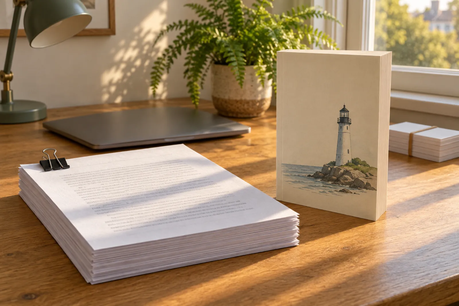 A stack of printed manuscript pages held by a binder clip beside an upright paperback with a lighthouse illustration on its cover, on a sunlit wooden desk.